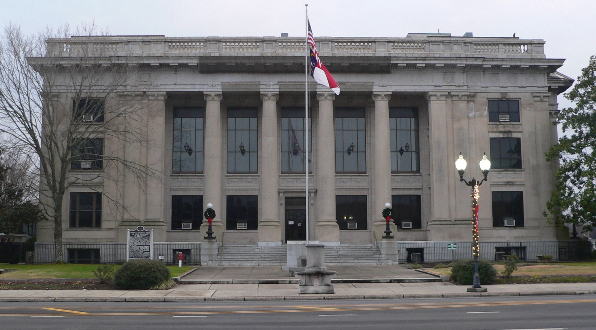 Johnston County courthouse, located at southeast corner of 2nd and Market Streets in Smithfield, North Carolina; seen from the northeast, across Market.
