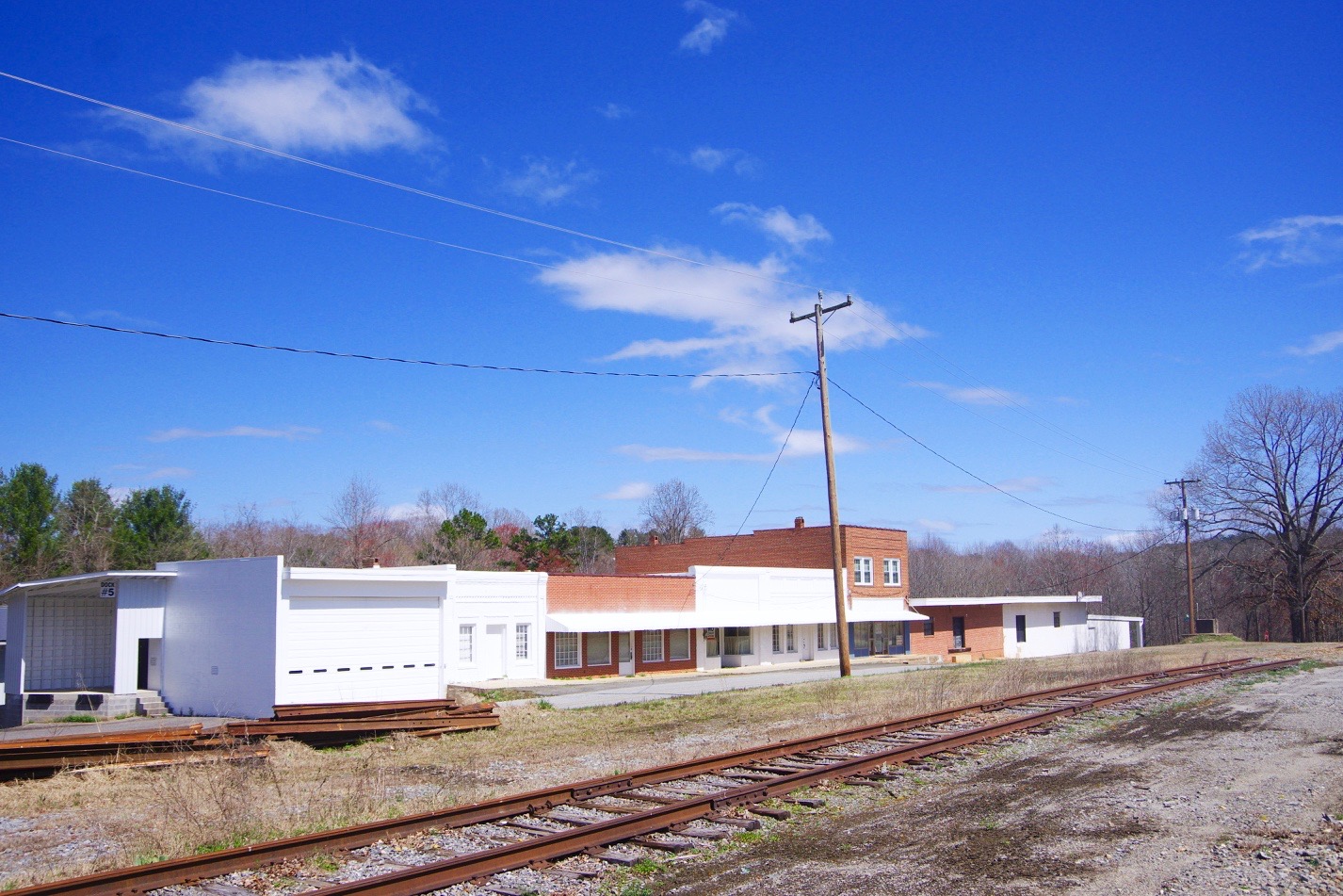 Block of buildings along Main Circle, now part of Lindy's Furniture, in Connelly Springs, North Carolina, United States.