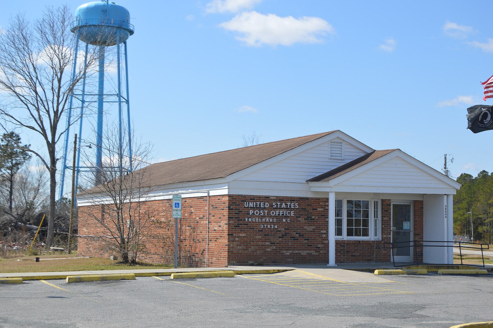 Front and western side of the Engelhard post office, located at 34668 U.S. Route 264 at Engelhard in Hyde County, North Carolina, United States.