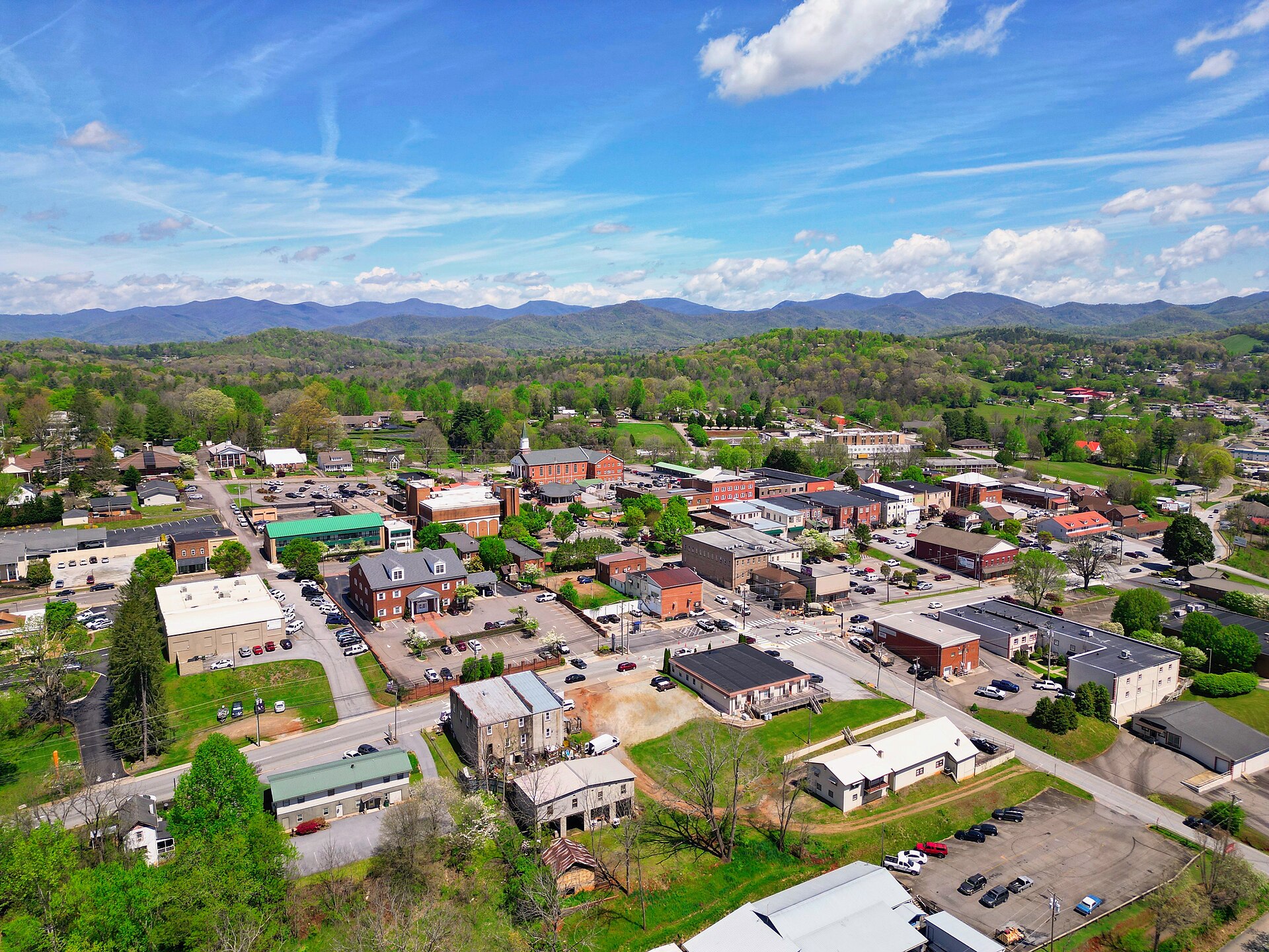 Aerial view of downtown Franklin, North Carolina, in Macon County