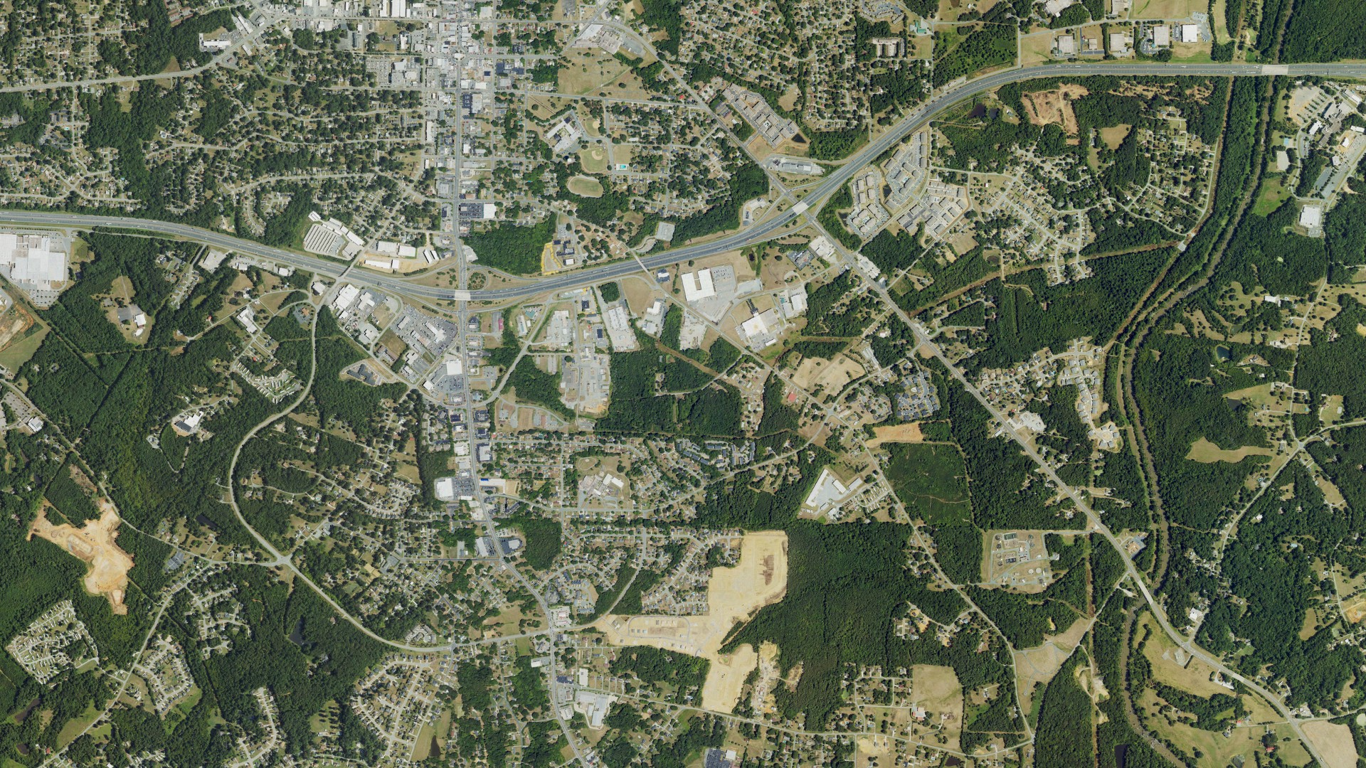 Natural-color aerial photograph of land around Graham, North Carolina