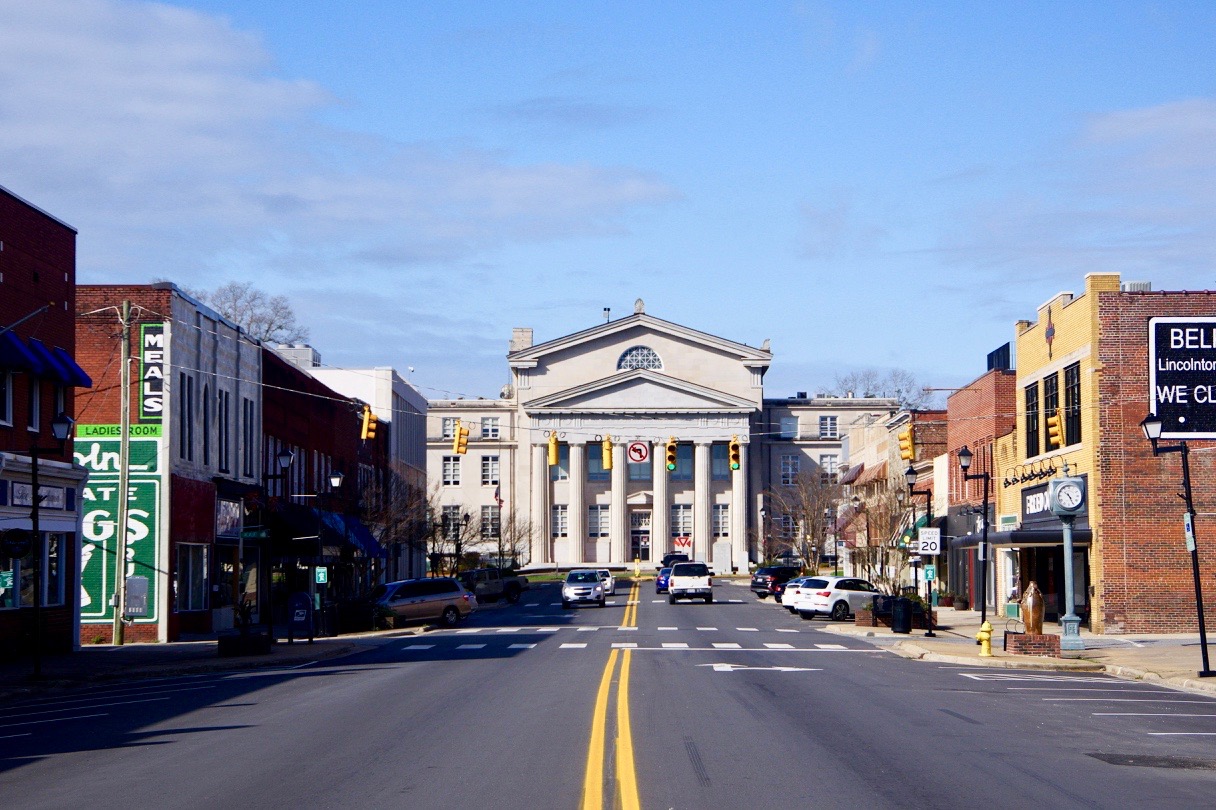 View along Main Street (North Carolina Highway 27 and 150) toward the Lincoln County Courthouse in Lincolnton, North Carolina, United States