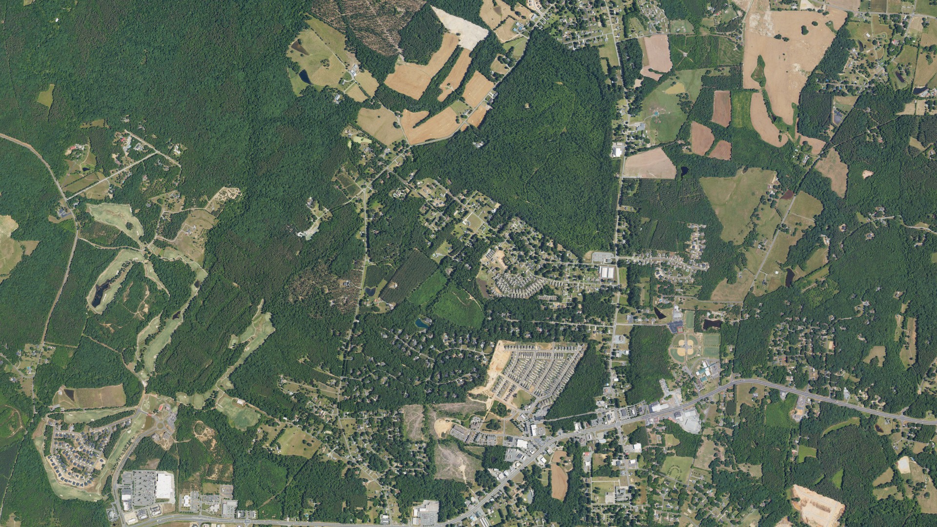 Natural-color aerial photograph of land around Locust, North Carolina