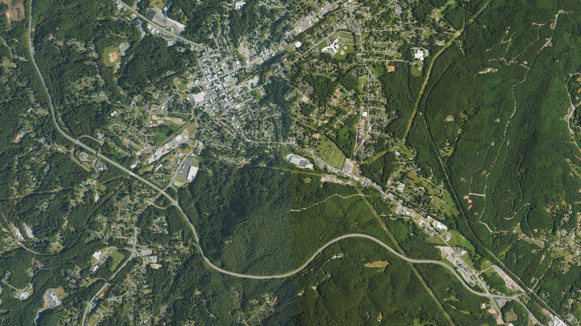 Natural-color aerial photograph of land around Marion, North Carolina