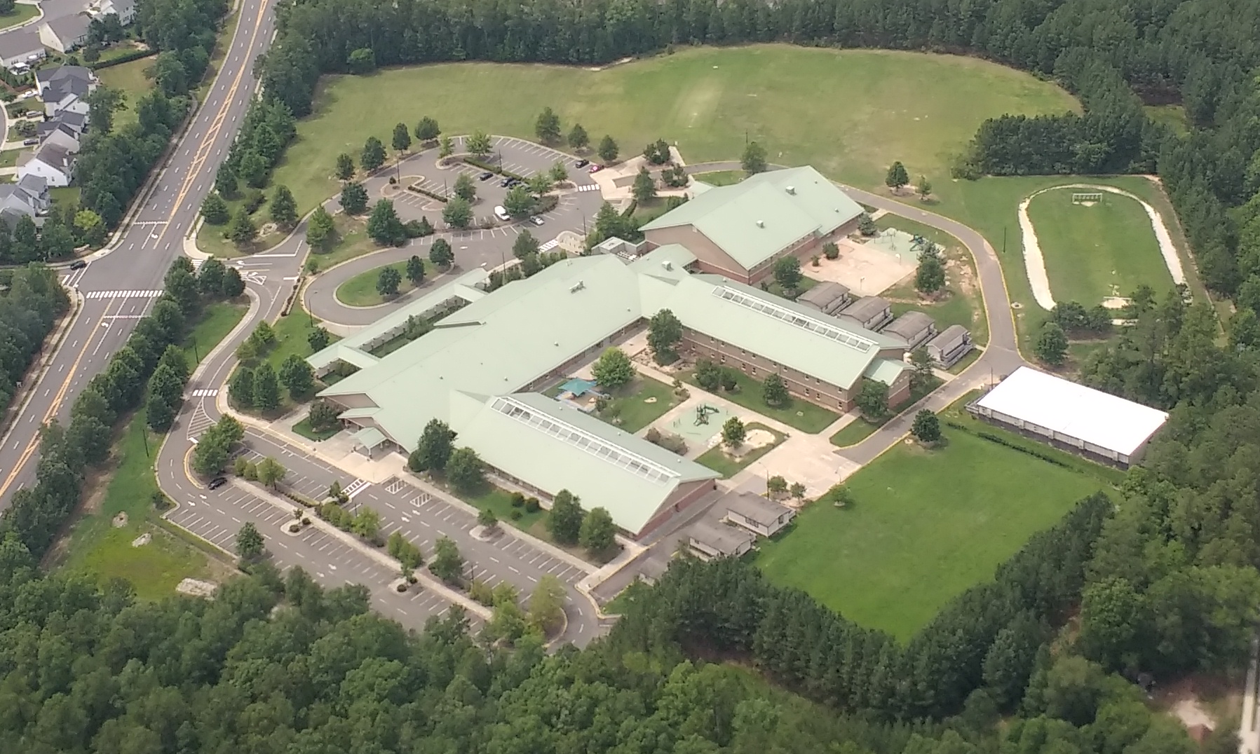 Aerial view of Cedar Fork Elementary School in Morrisville, North Carolina.