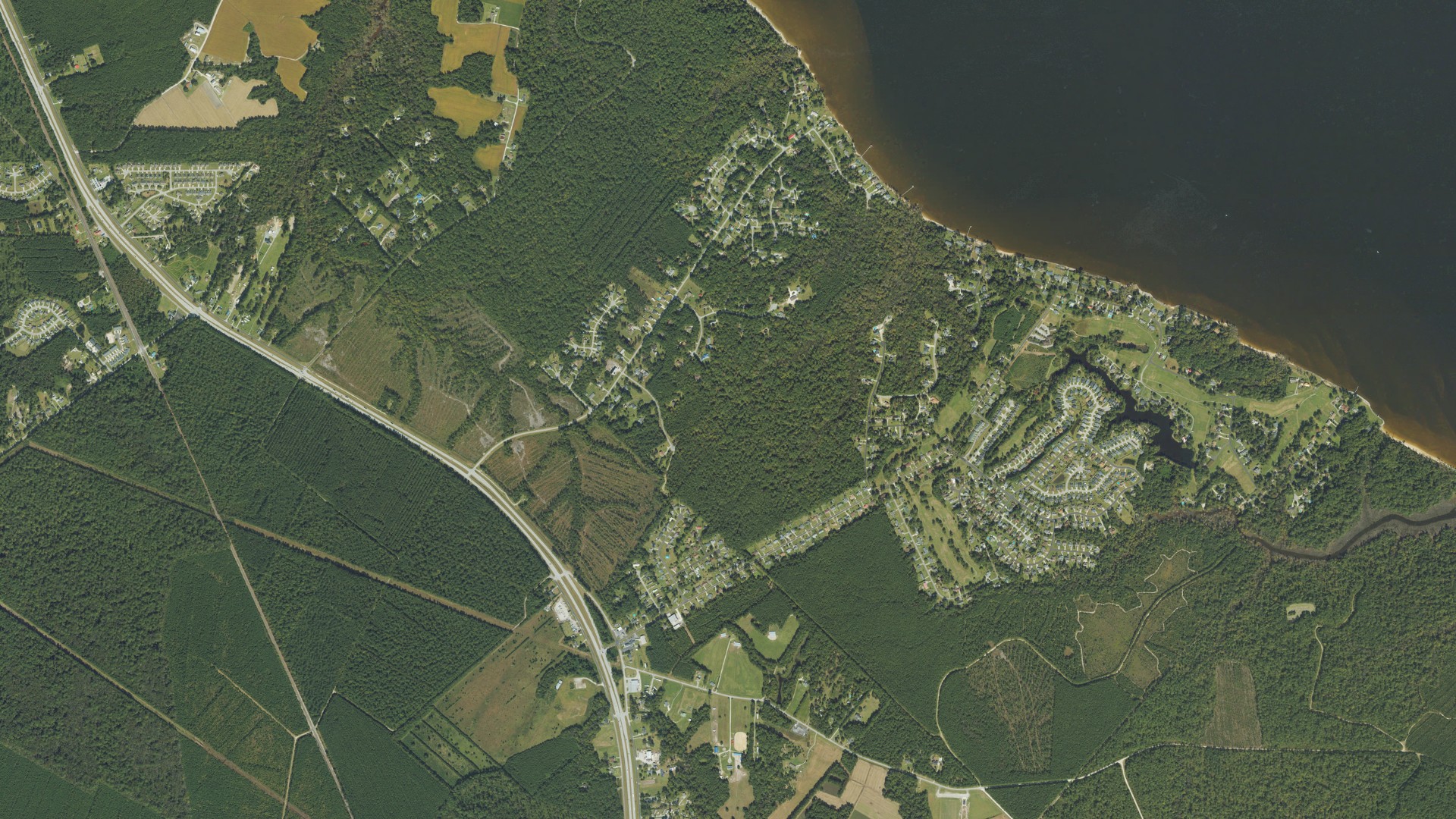 Natural-color aerial photograph of land around Neuse Forest, North Carolina