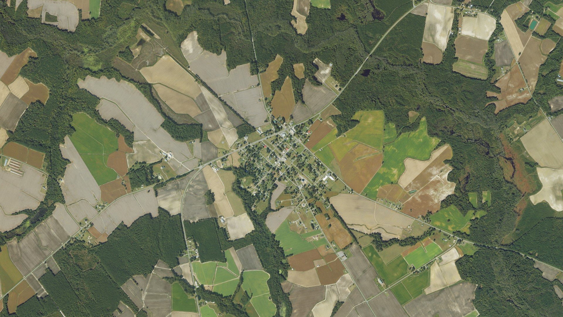 Natural-color aerial photograph of land around Oak City, North Carolina