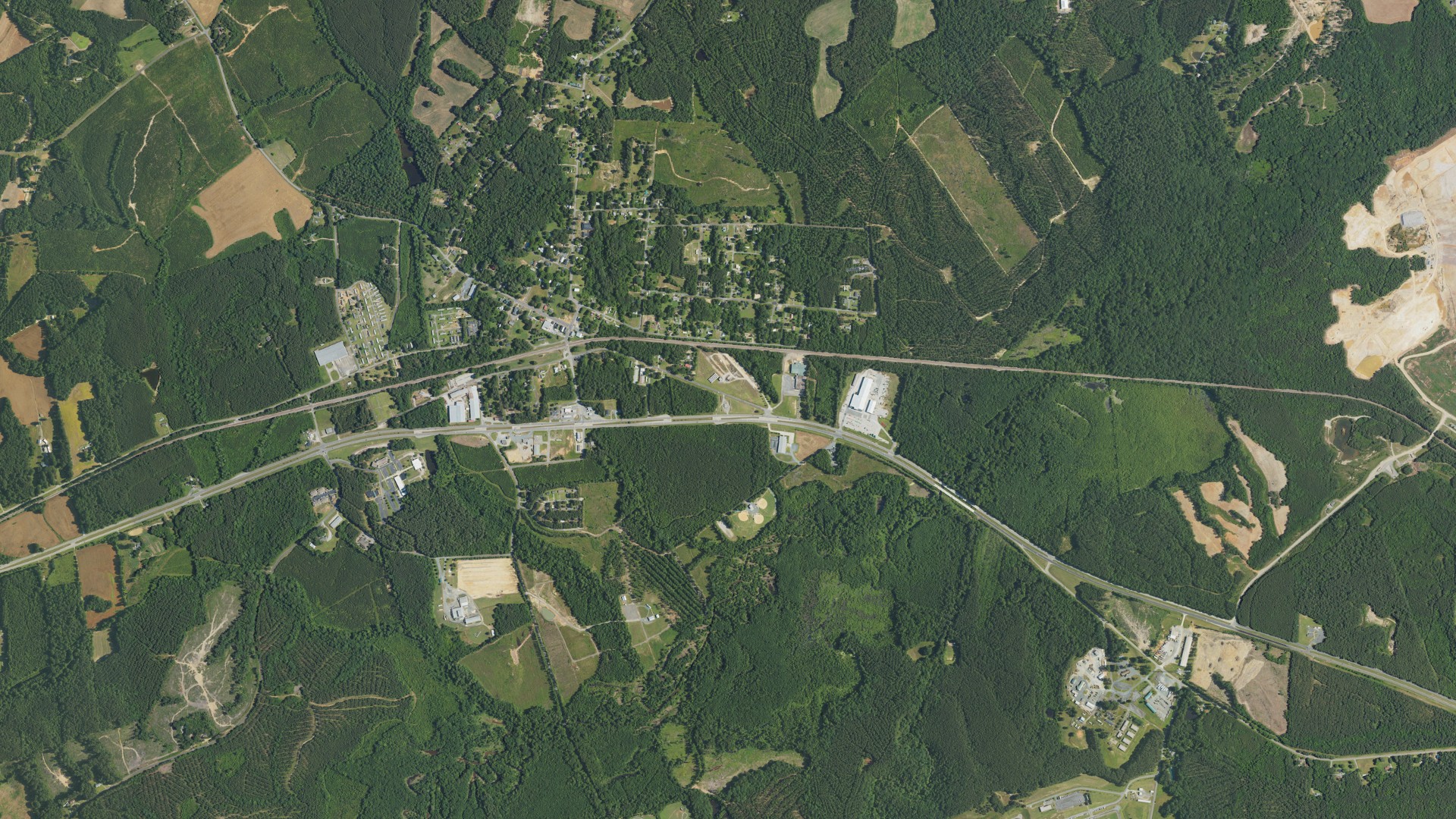 Natural-color aerial photograph of land around Polkton, North Carolina