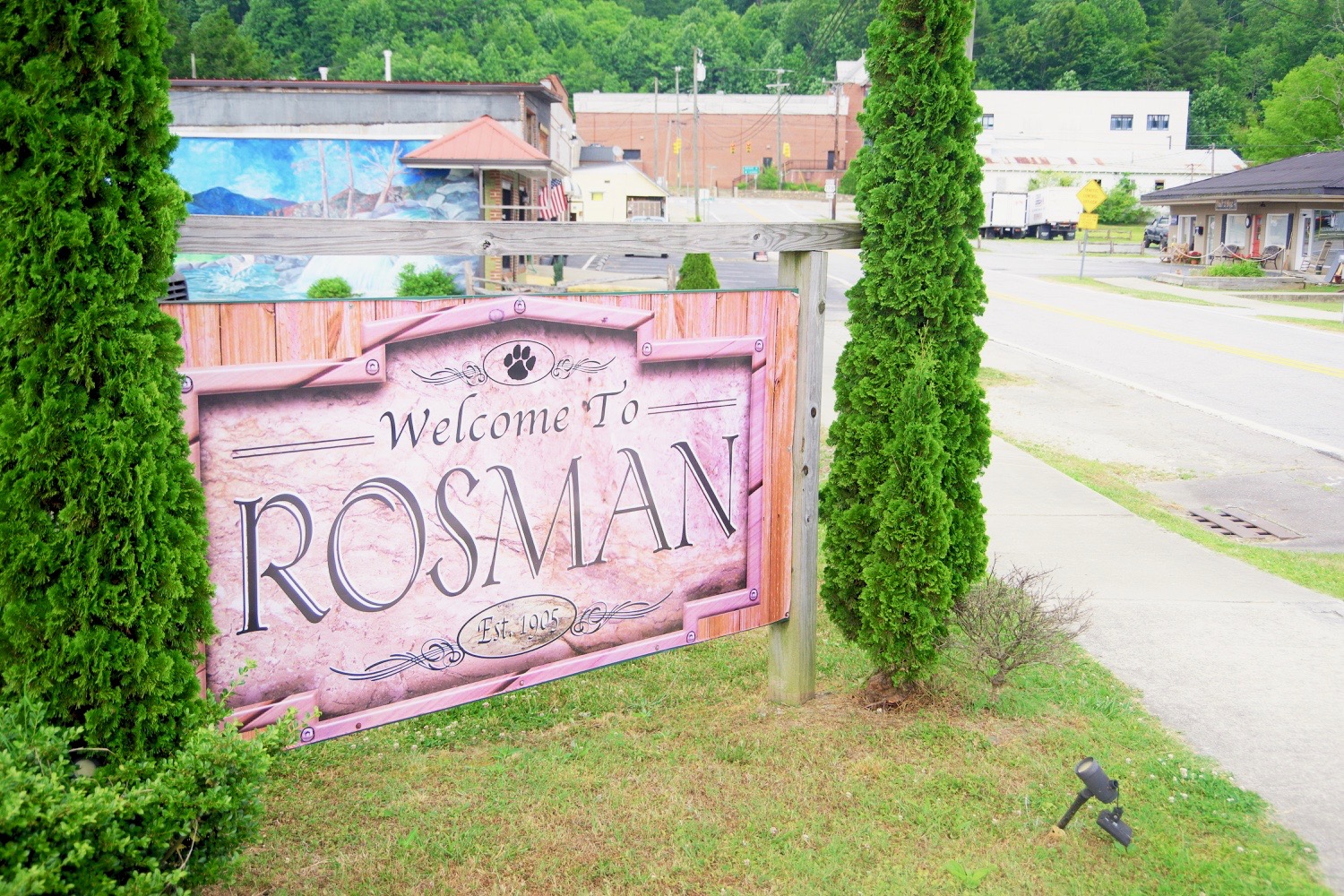 Welcome sign in Rosman, North Carolina, United States.