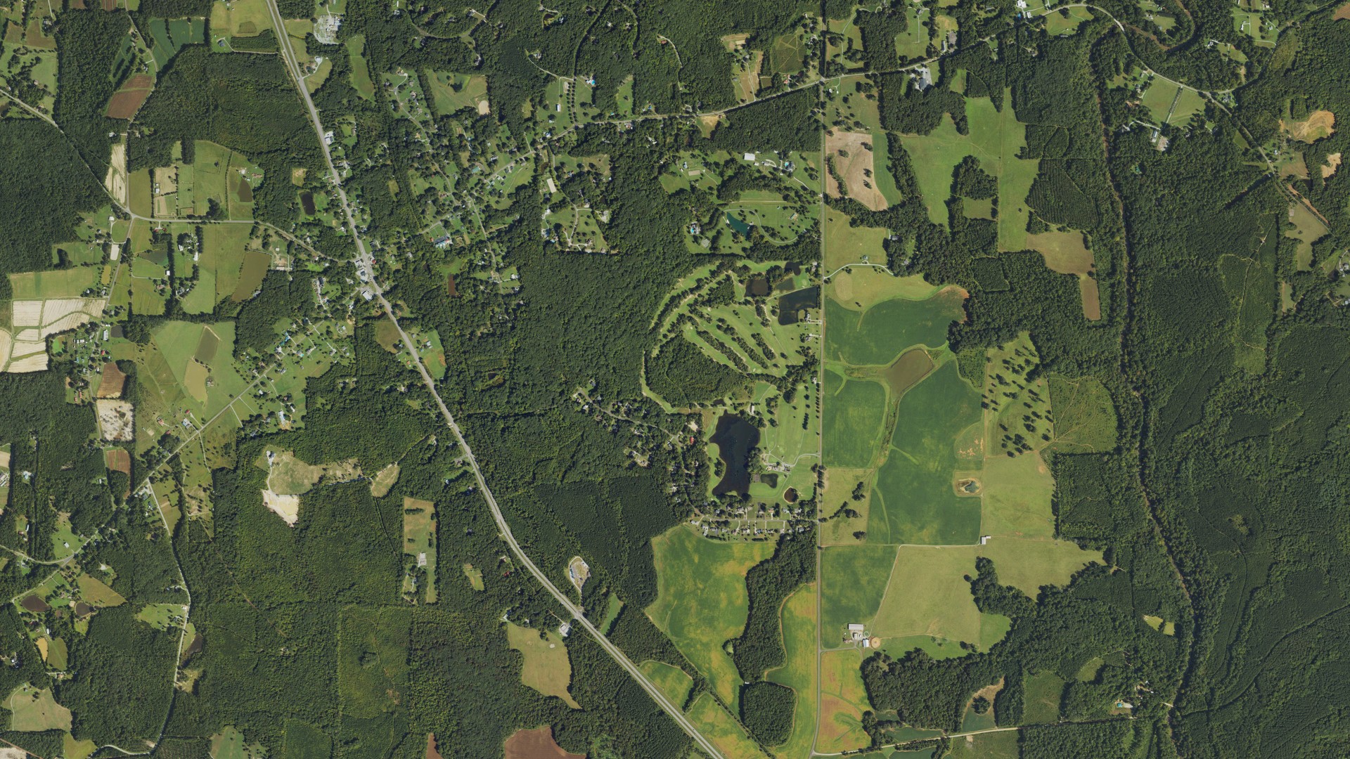 Natural-color aerial photograph of land around Rougemont, North Carolina