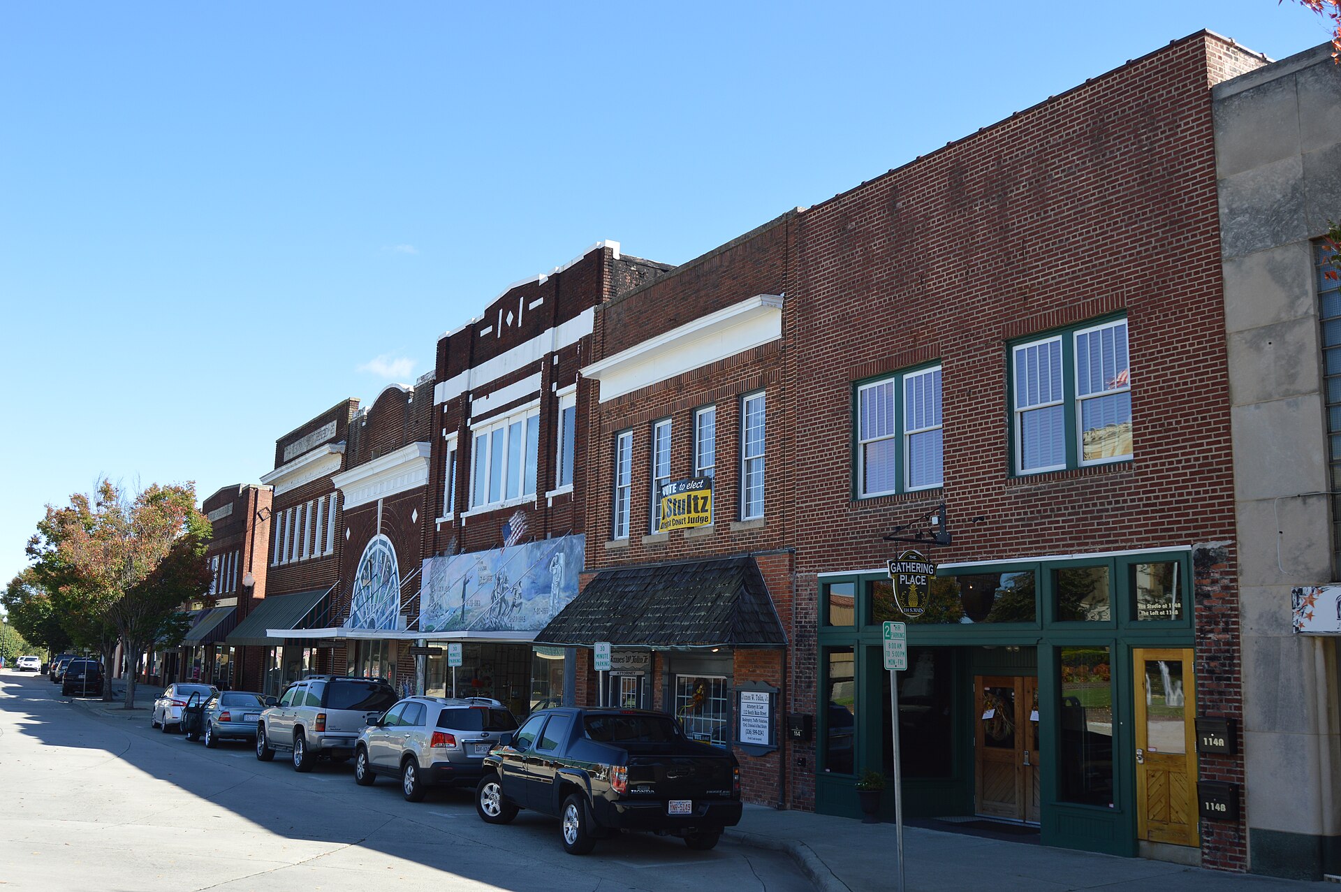 Buildings on the southeastern side of Main Street on the courthouse square in downtown Roxboro, North Carolina, United States.