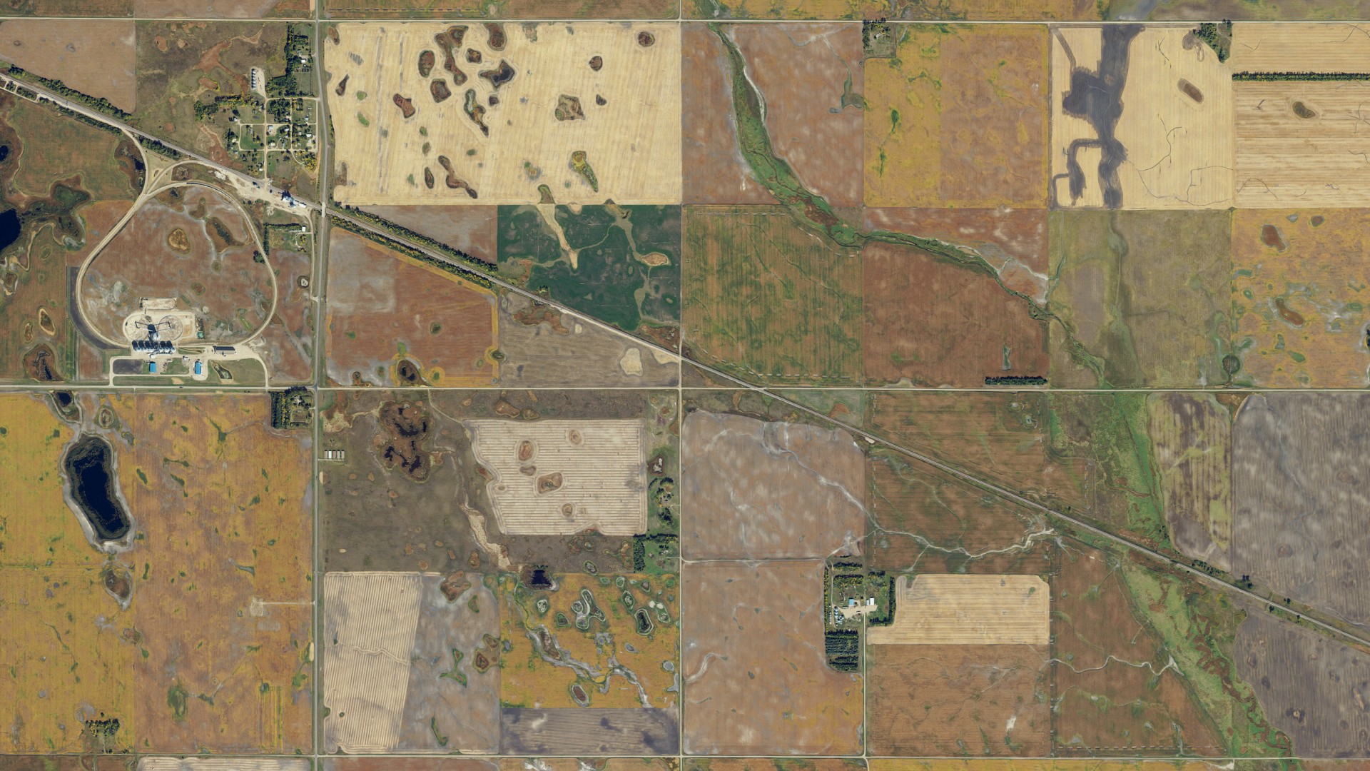 Aerial view of land around Ellsbury, North Dakota