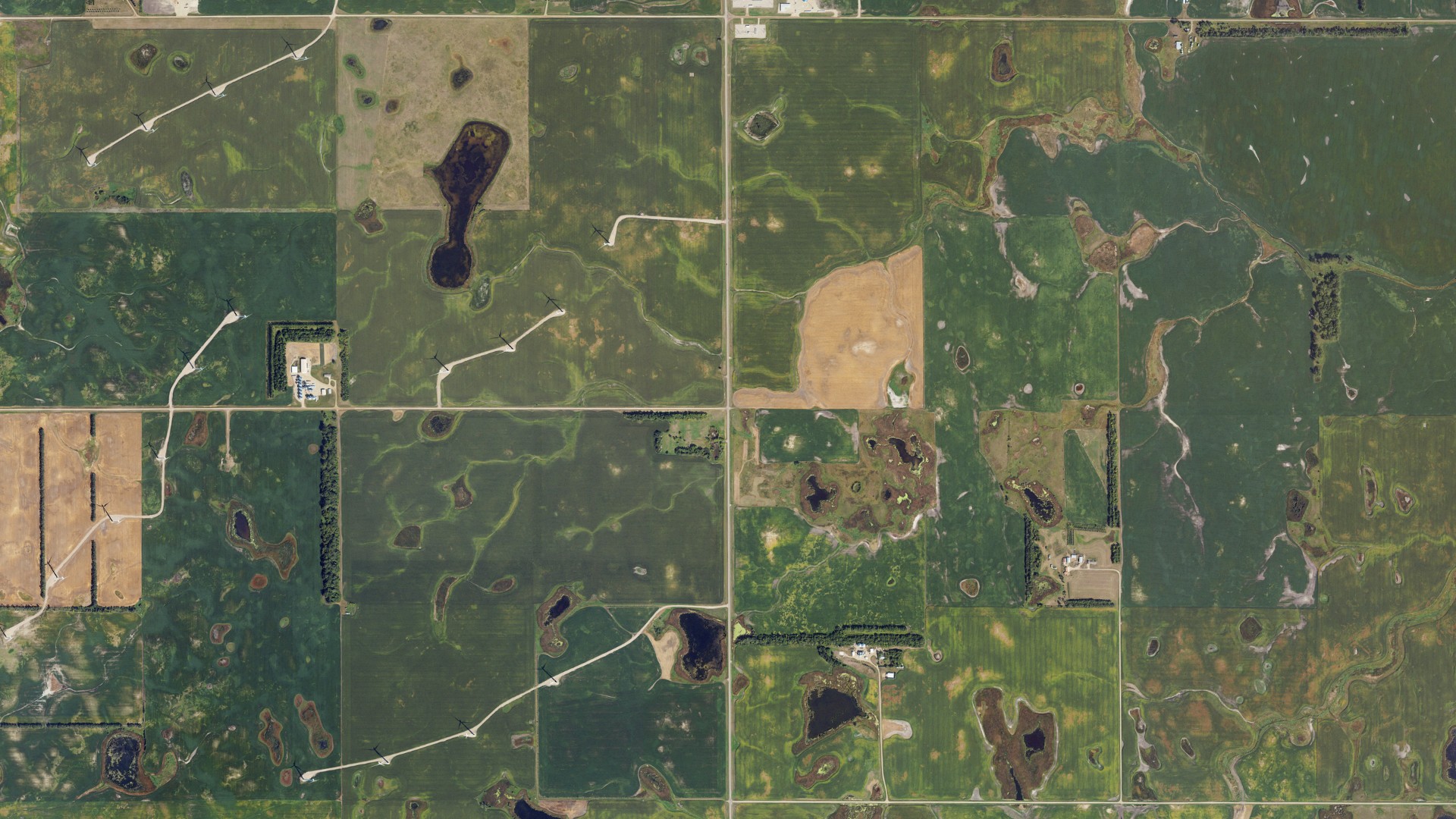 Aerial view of land around Grand Prairie, North Dakota
