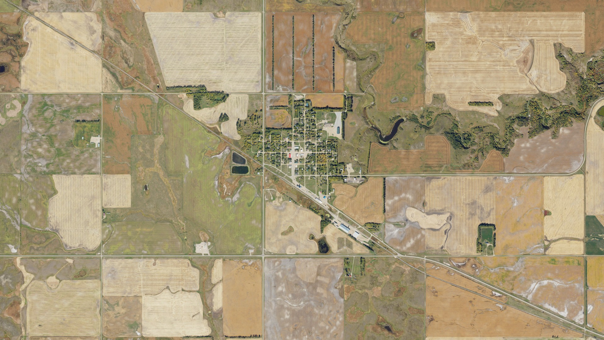 Aerial view of land around Adams, North Dakota