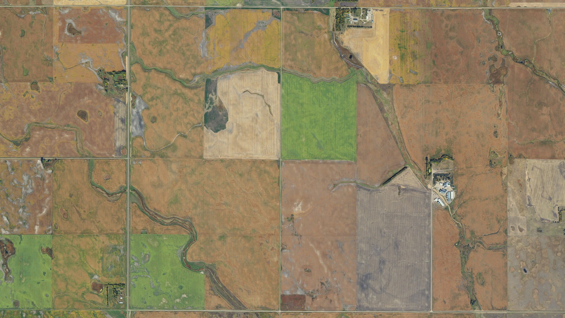 Natural-color aerial photograph of land around Weimer, North Dakota