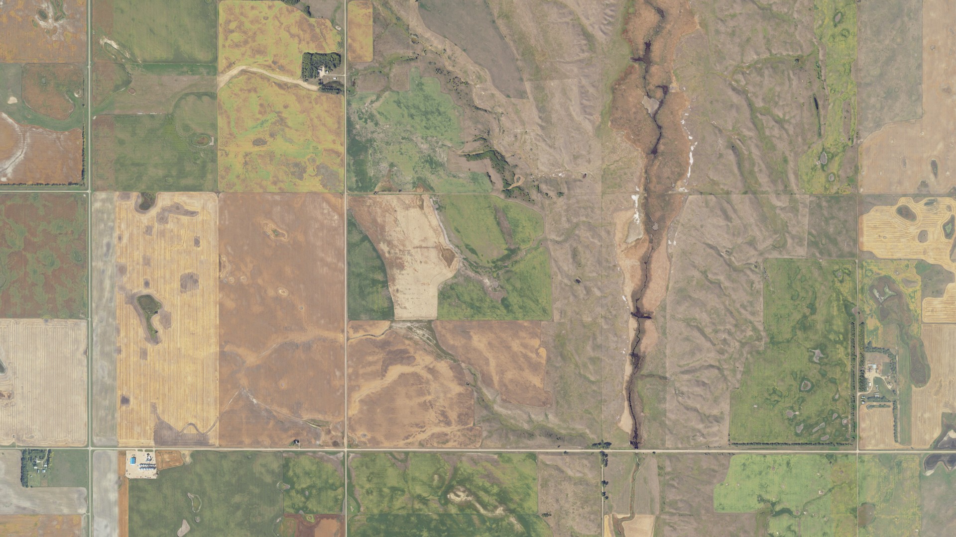 Aerial view of land around East Fork, North Dakota