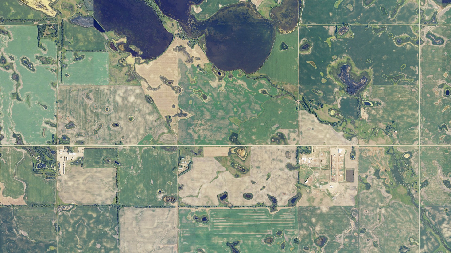 Aerial view of land around Lake Ibsen, North Dakota