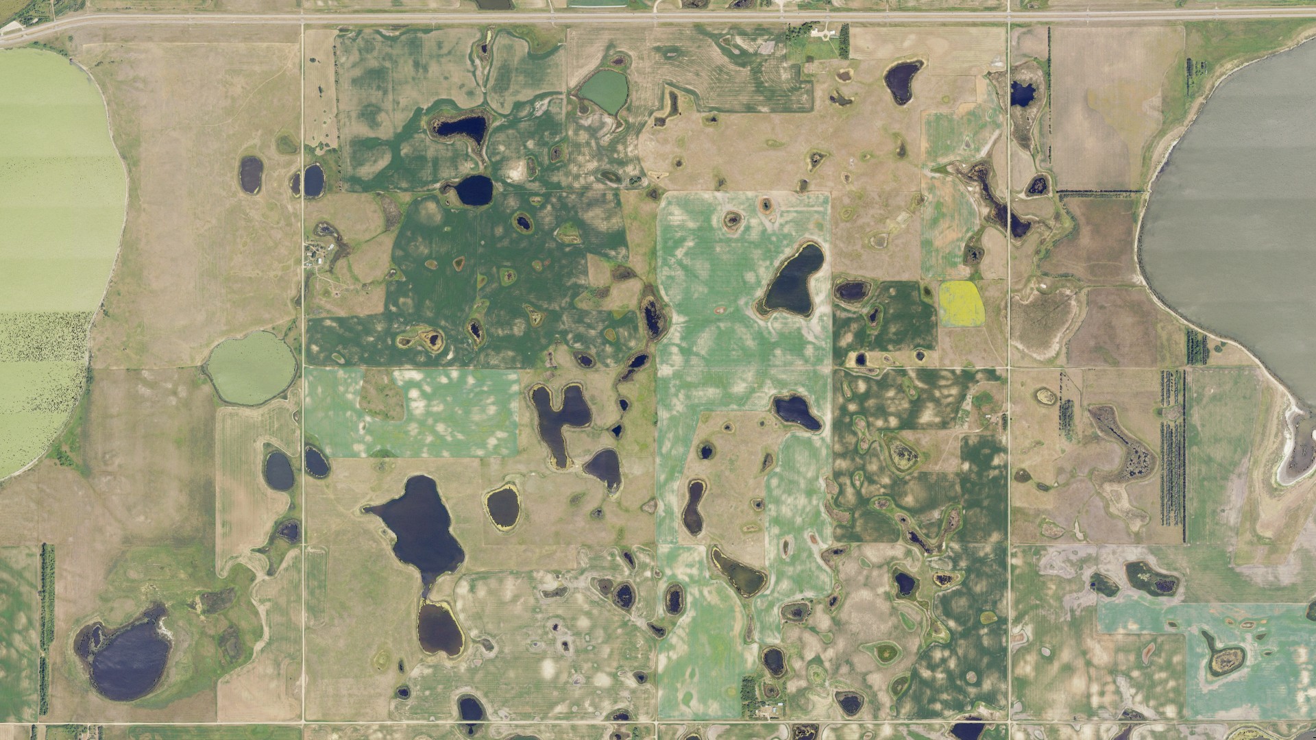 Aerial view of land around Pleasant Lake, North Dakota