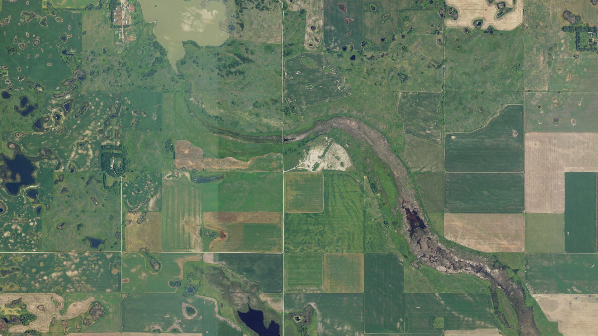 Aerial view of land around Rock, North Dakota