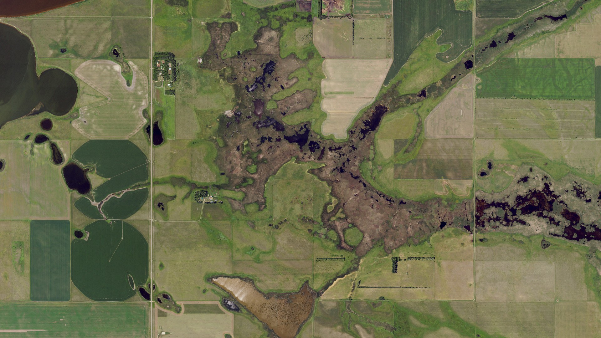 Natural-color aerial photograph of land around Warwick, North Dakota