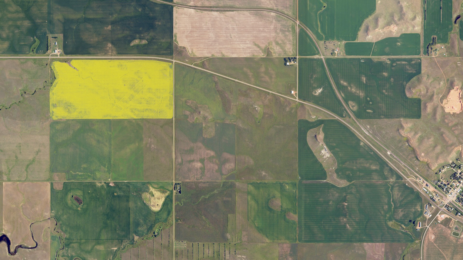 Aerial view of land around Rhame, North Dakota