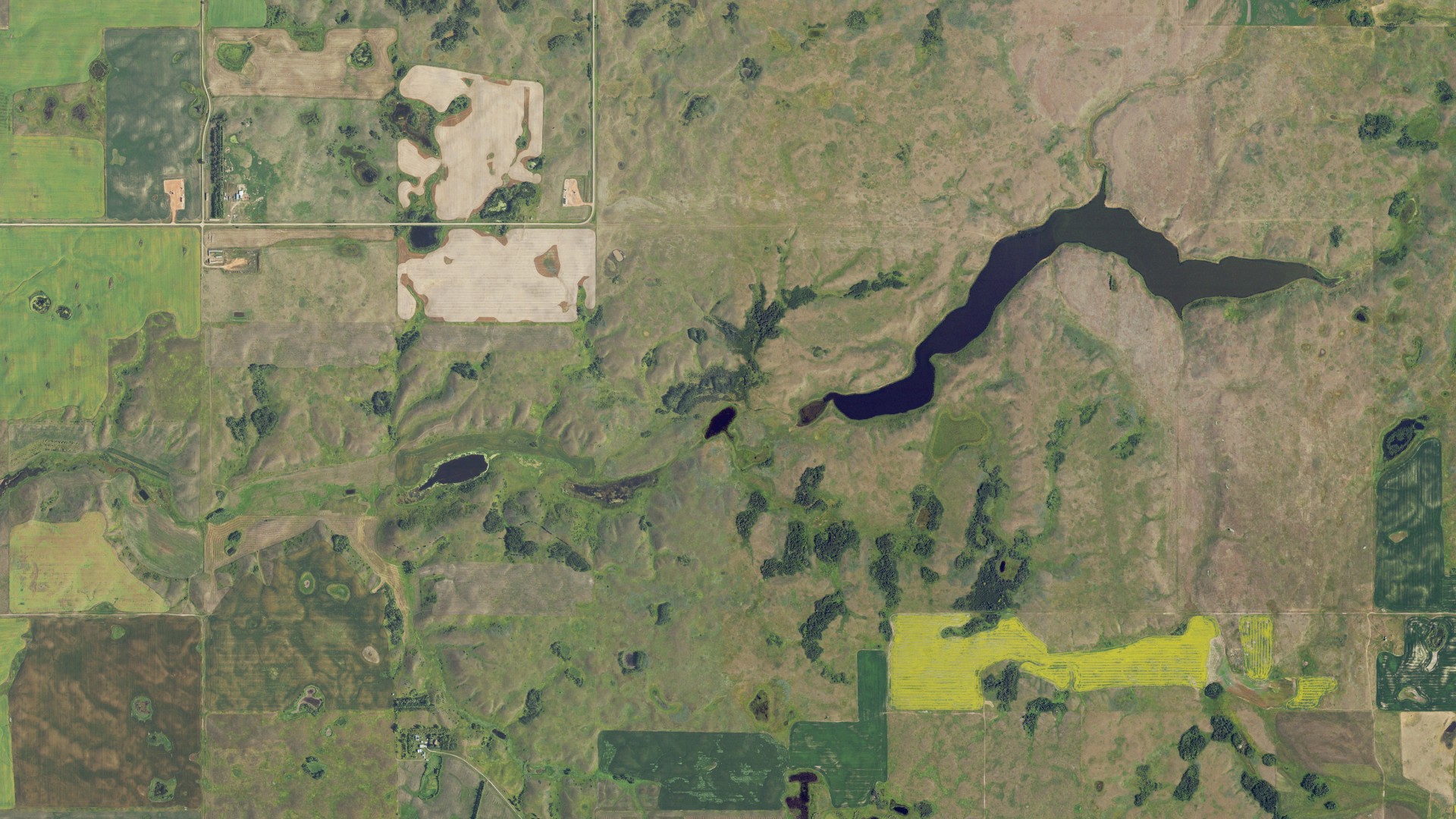 Aerial view of land around Garness, North Dakota