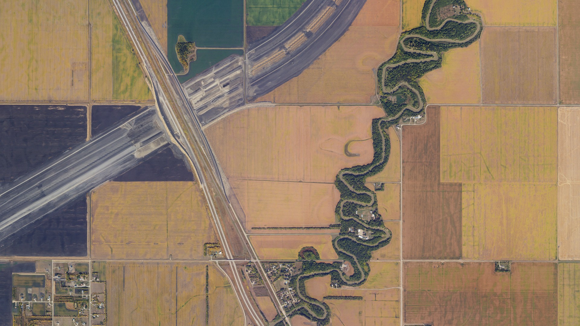 Aerial view of land around Harwood, North Dakota