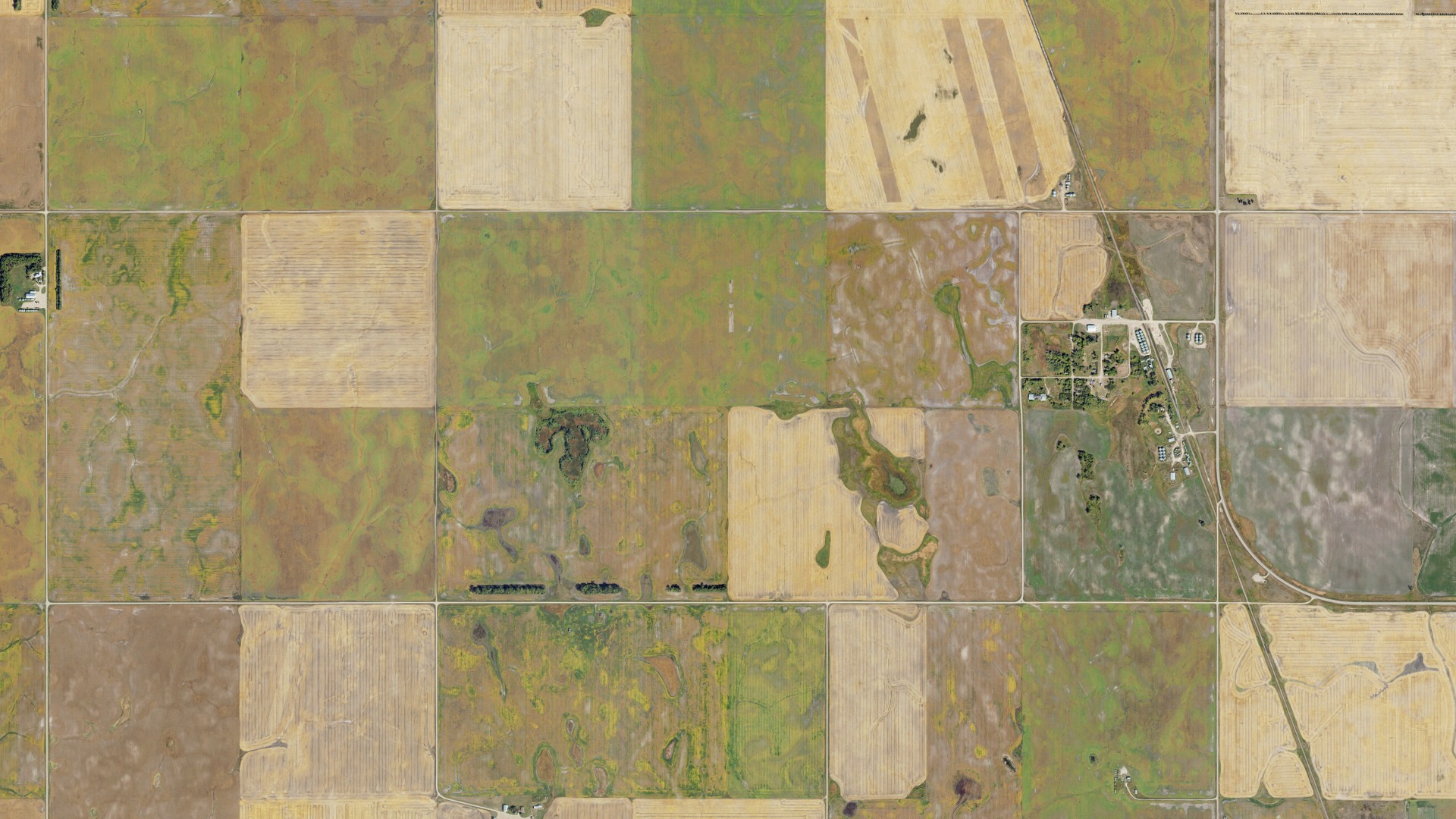 Aerial view of land around Bruce, North Dakota