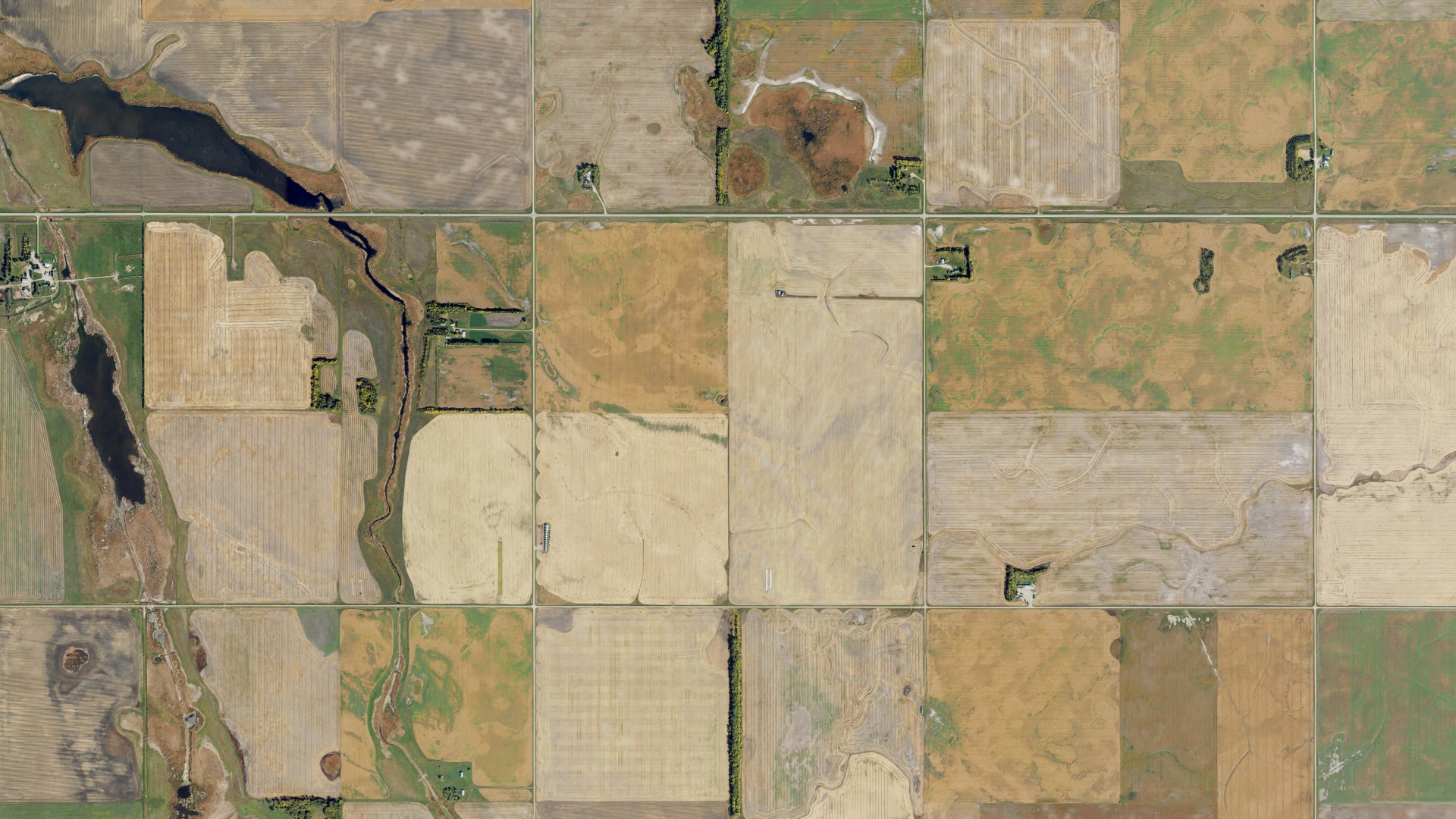 Aerial view of land around Waterloo, North Dakota