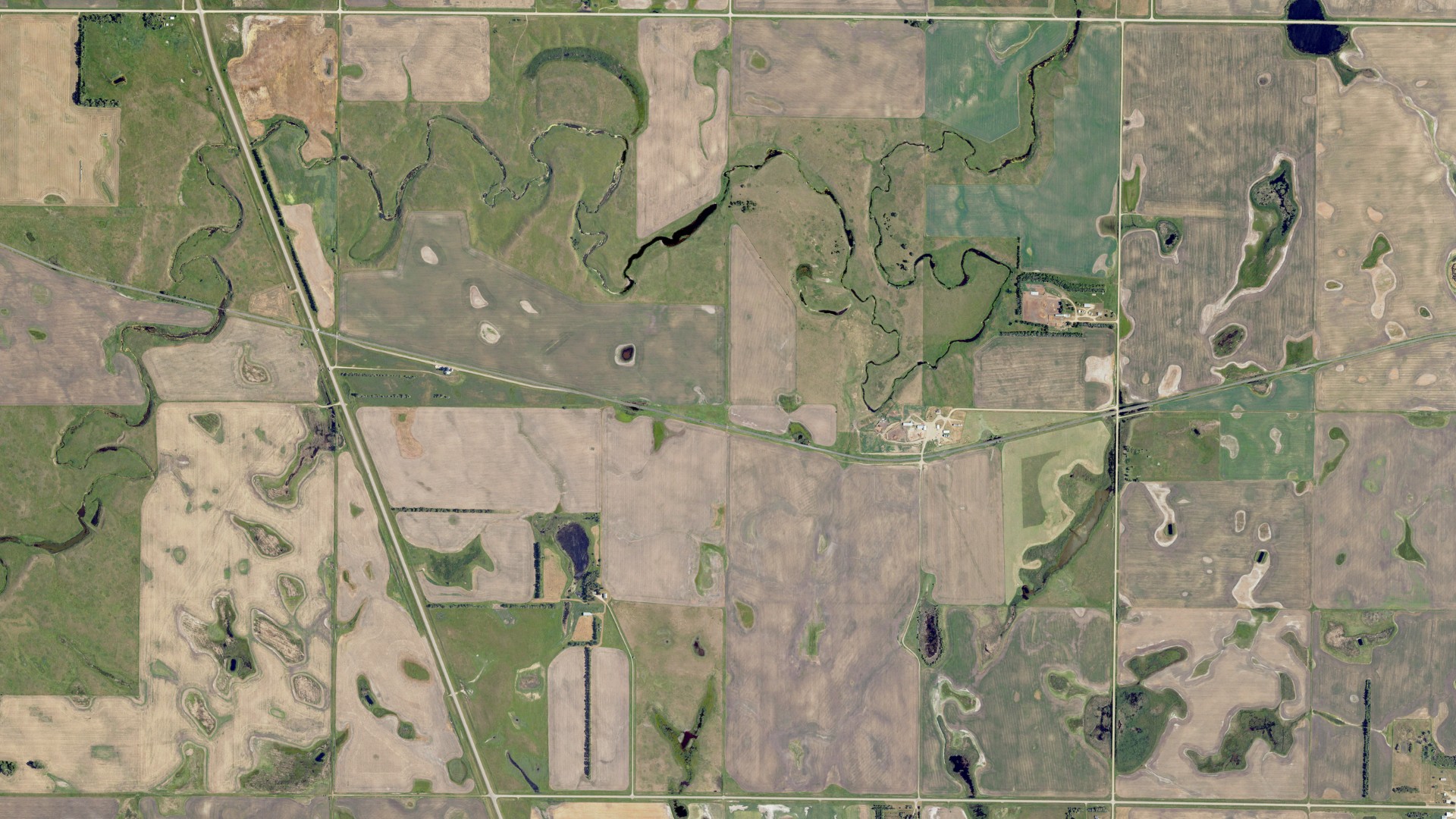 Aerial view of land around Keystone, North Dakota
