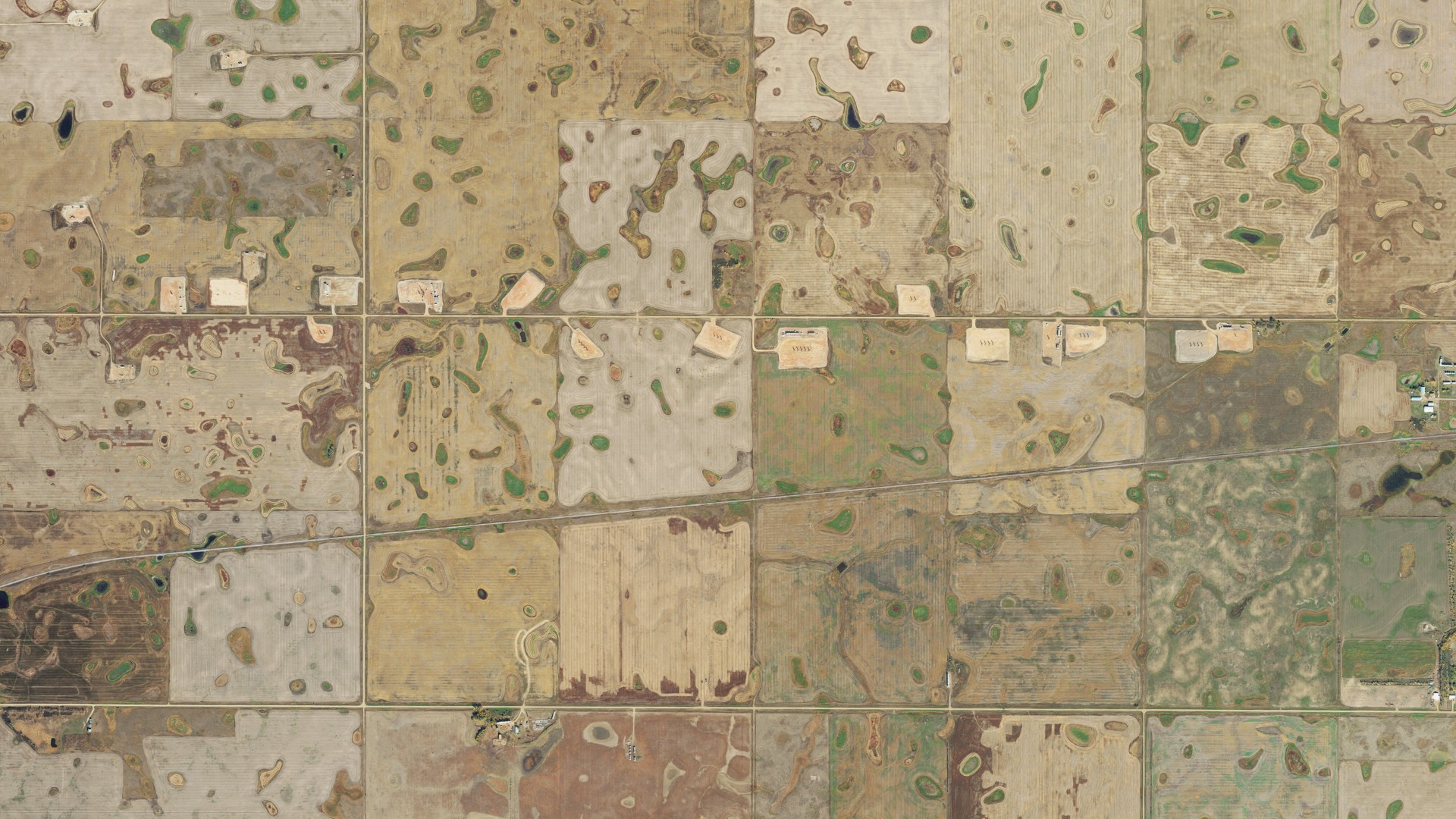 Aerial view of land around Gooseneck, North Dakota