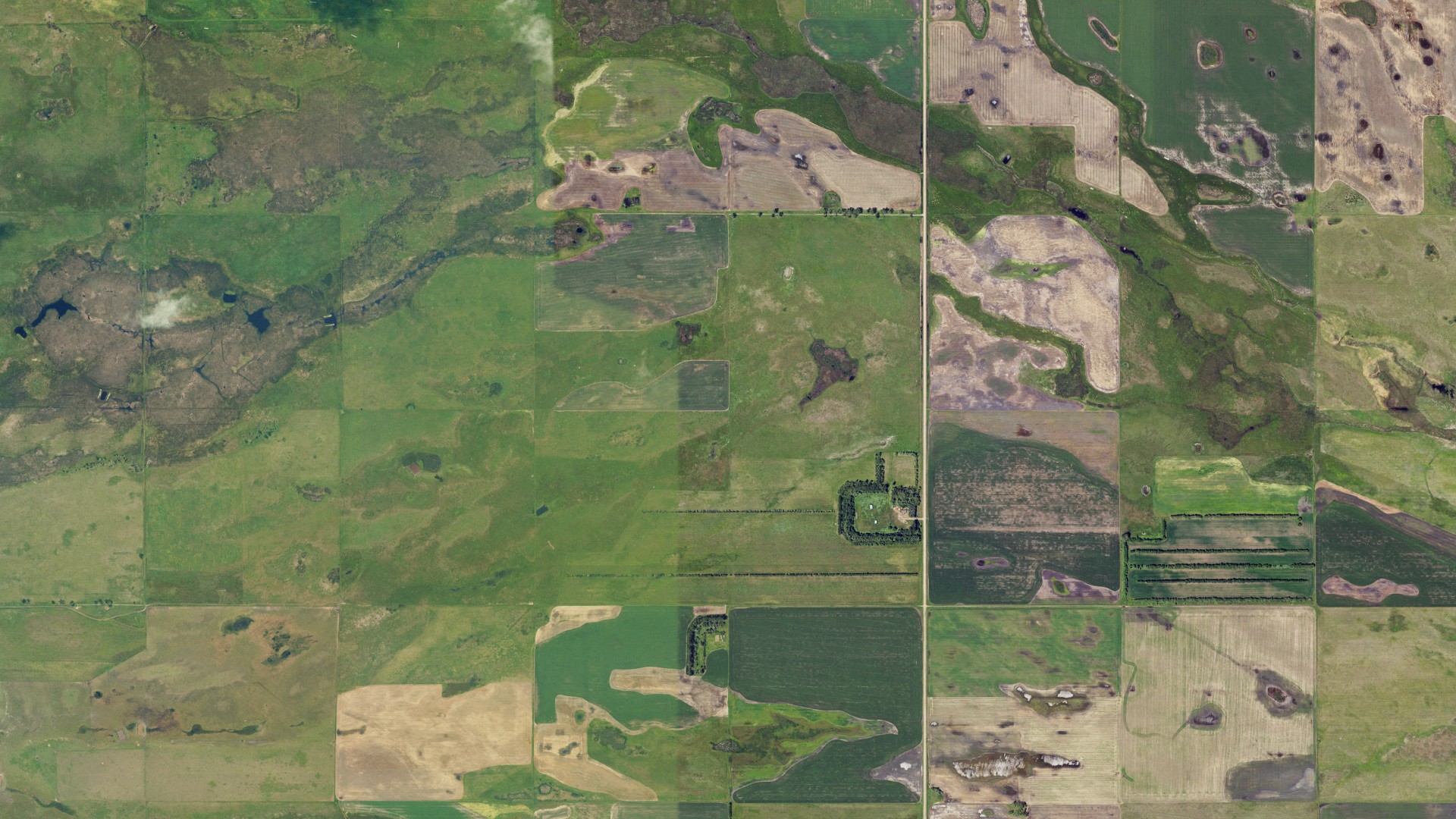 Aerial view of land around Sheldon, North Dakota
