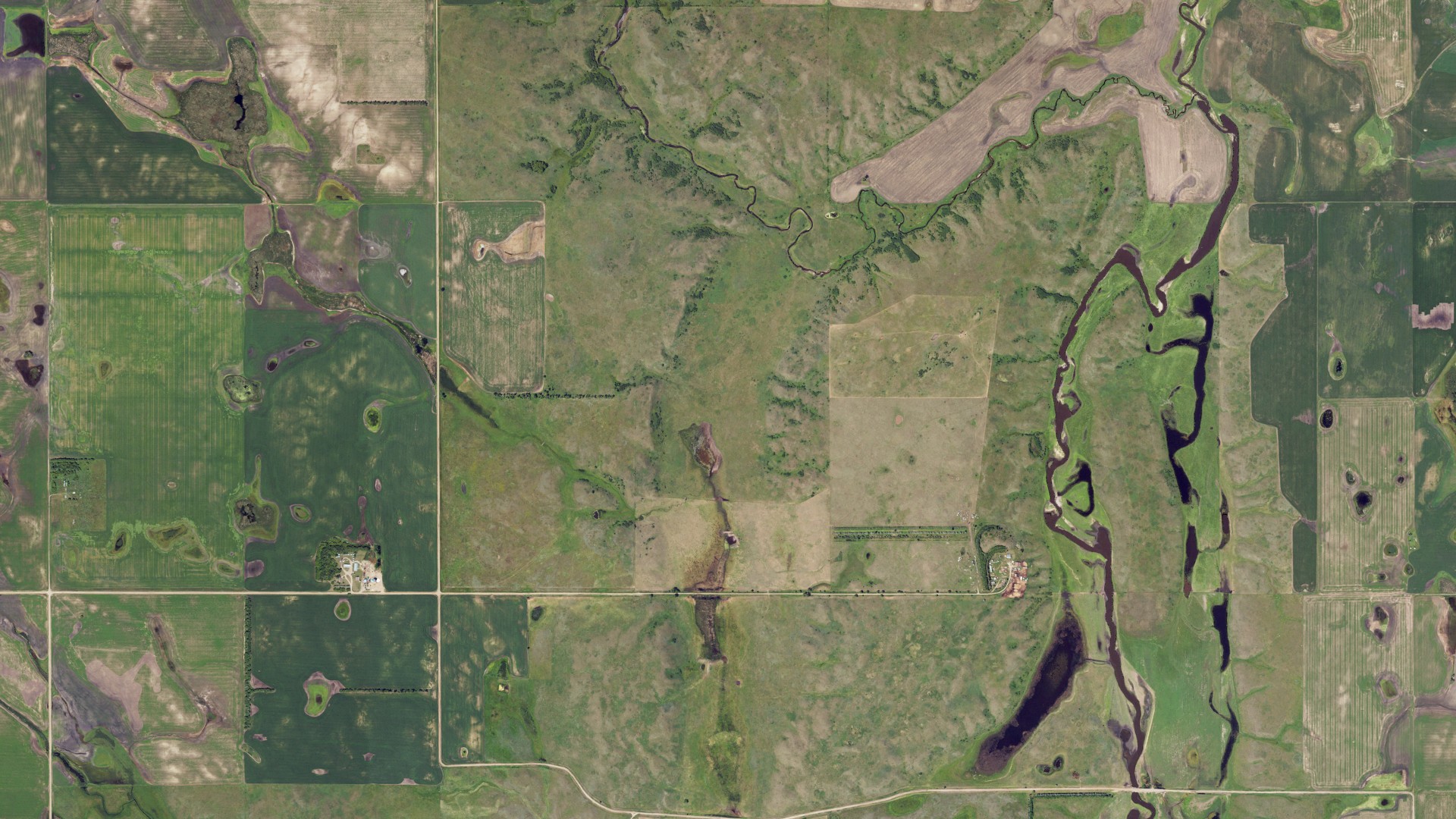 Aerial view of land around Bucephalia, North Dakota