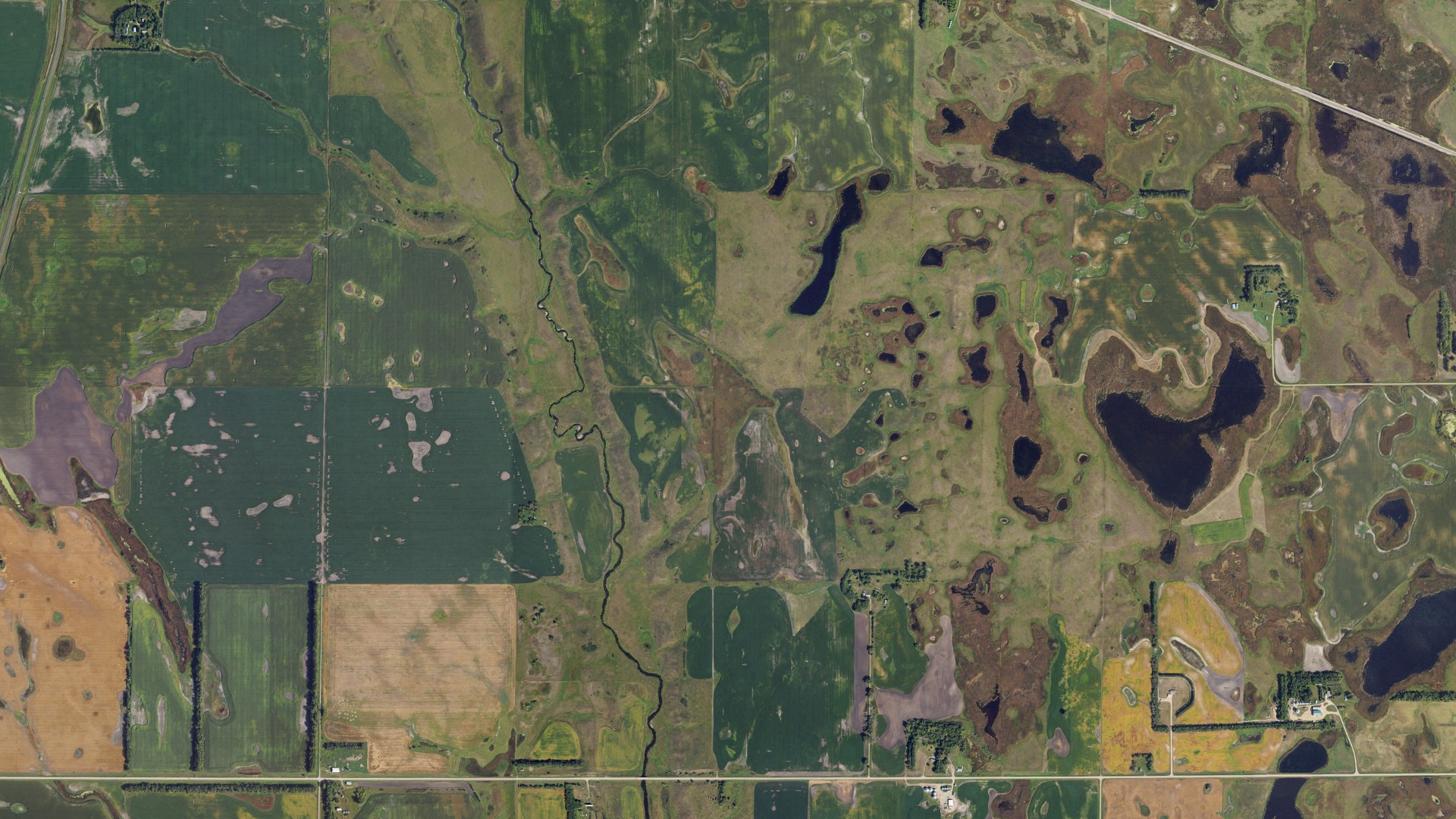 Aerial view of land around Greenfield, North Dakota