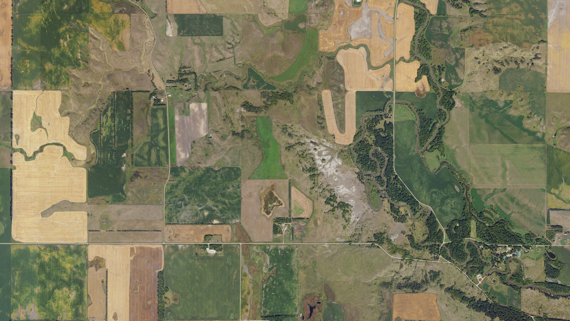 Aerial view of land around Sverdrup, North Dakota