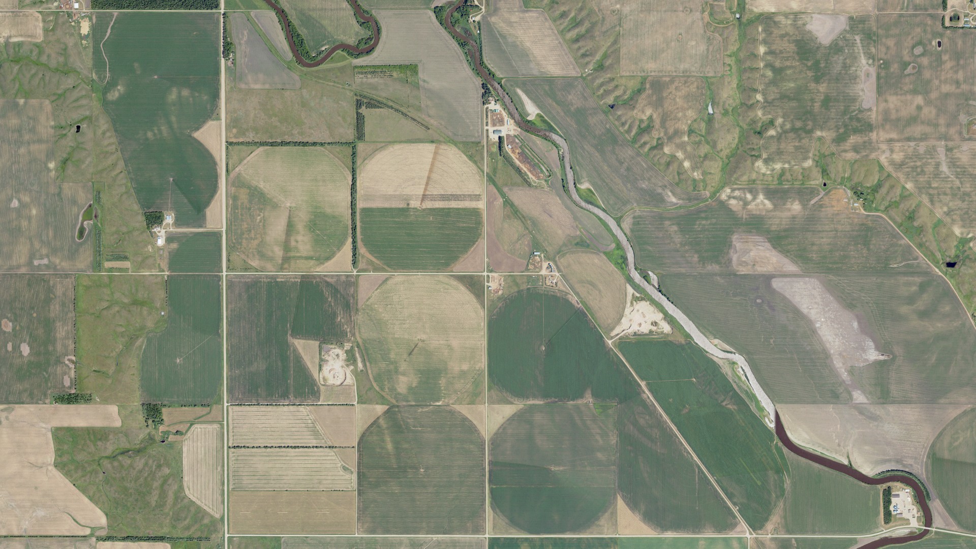 Aerial view of land around Grand Rapids, North Dakota
