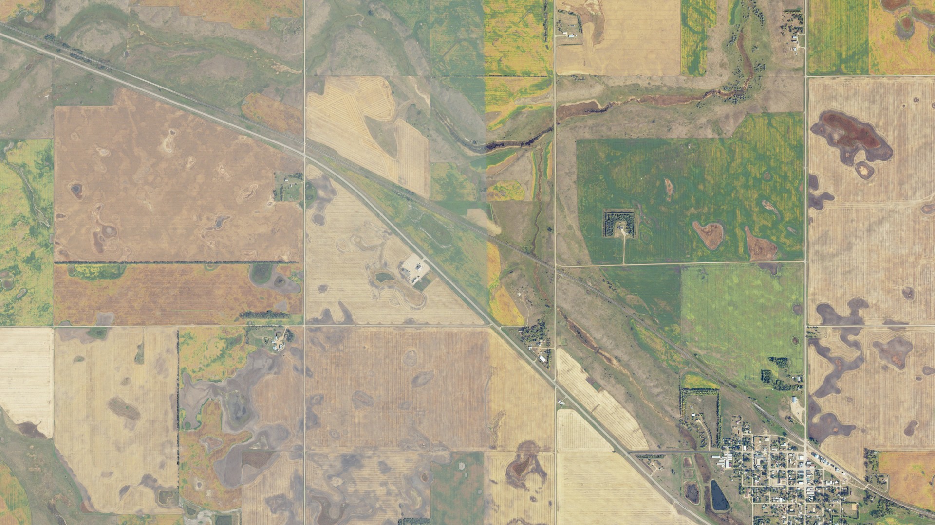 Natural-color aerial photograph of land around Anamoose, North Dakota
