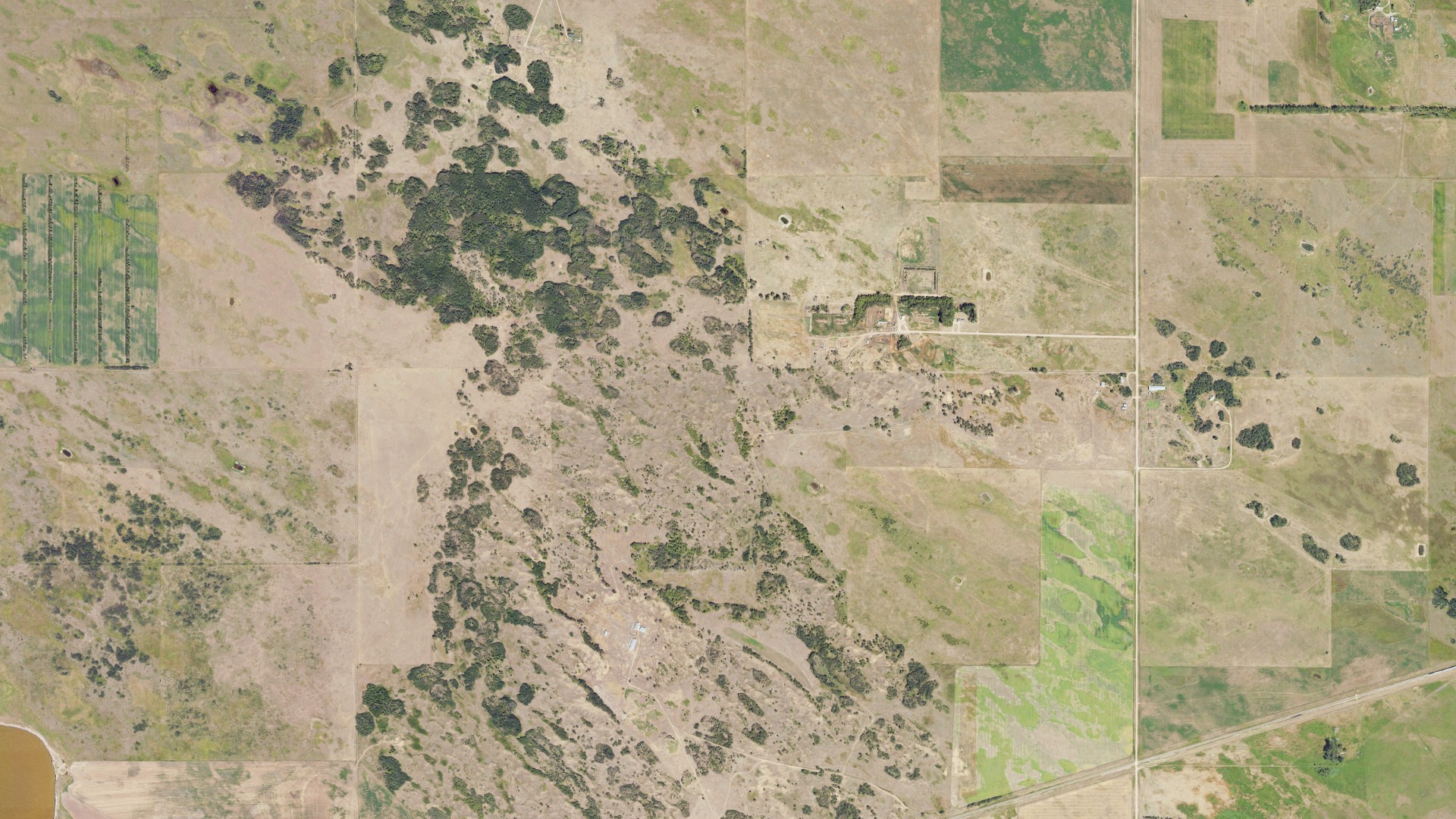Natural-color aerial photograph of land around Denbigh, North Dakota