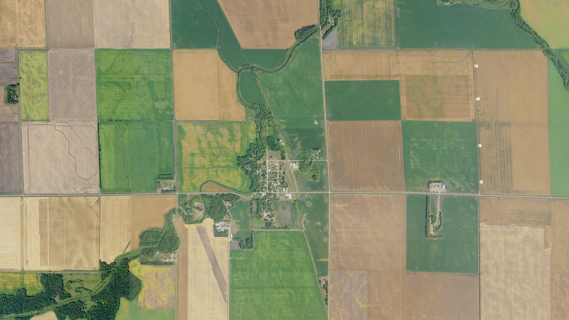 Aerial view of land around Bathgate, North Dakota