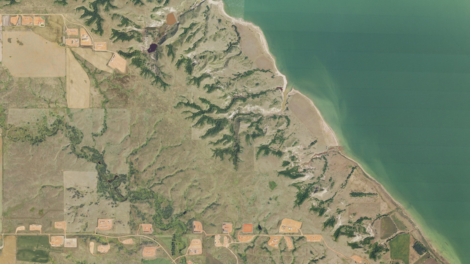 Aerial view of land around Riverview, North Dakota