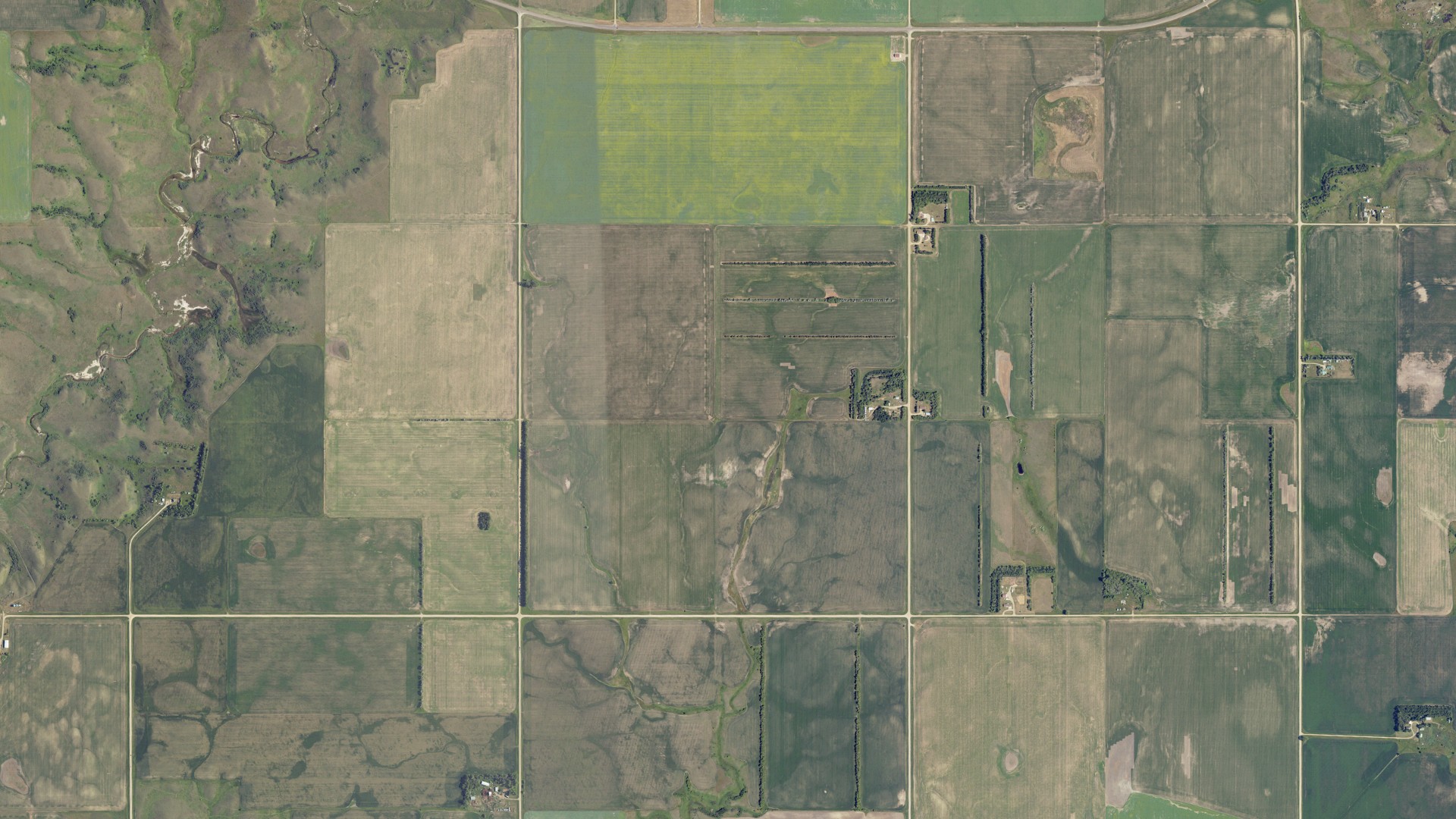 Natural-color aerial photograph of land around St. Mary, North Dakota