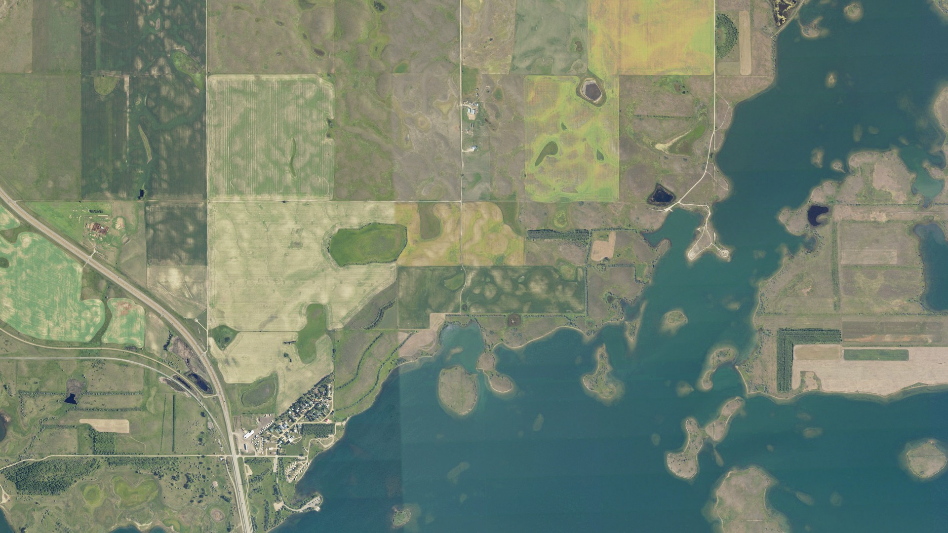 Aerial view of land around Snow, North Dakota