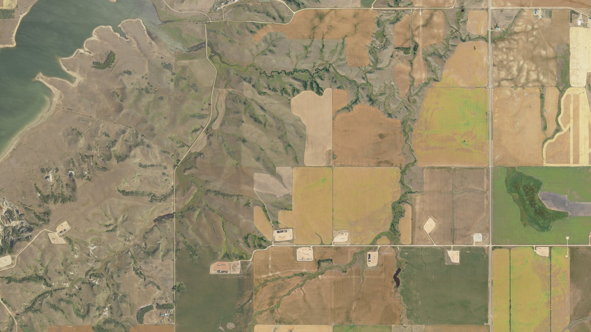 Aerial view of land around Big Bend, North Dakota