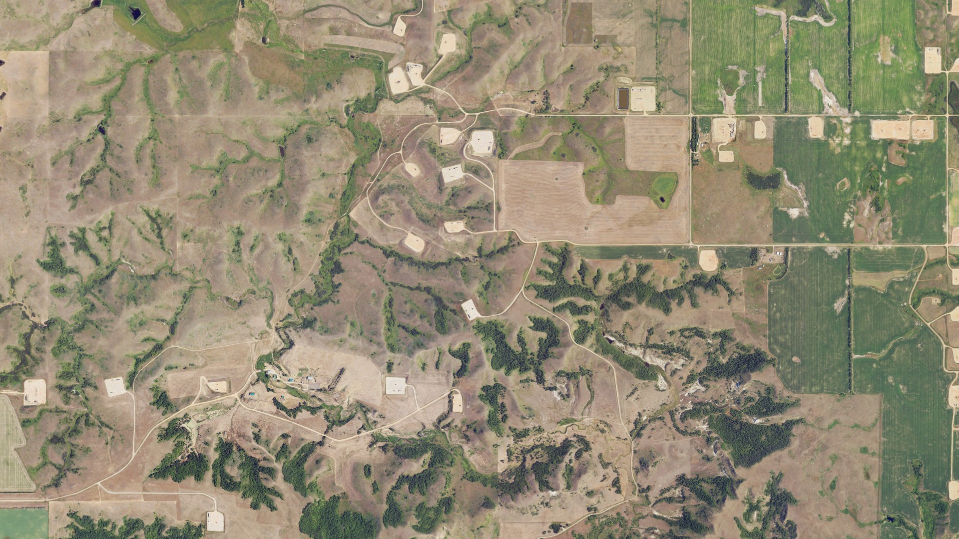 Aerial view of land around Brookbank, North Dakota