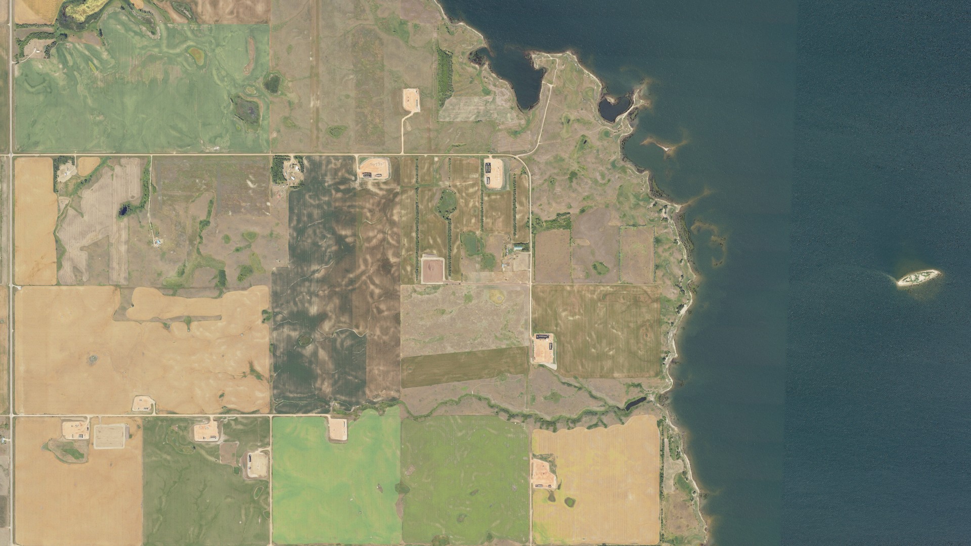 Natural-color aerial photograph of land around Howie, North Dakota