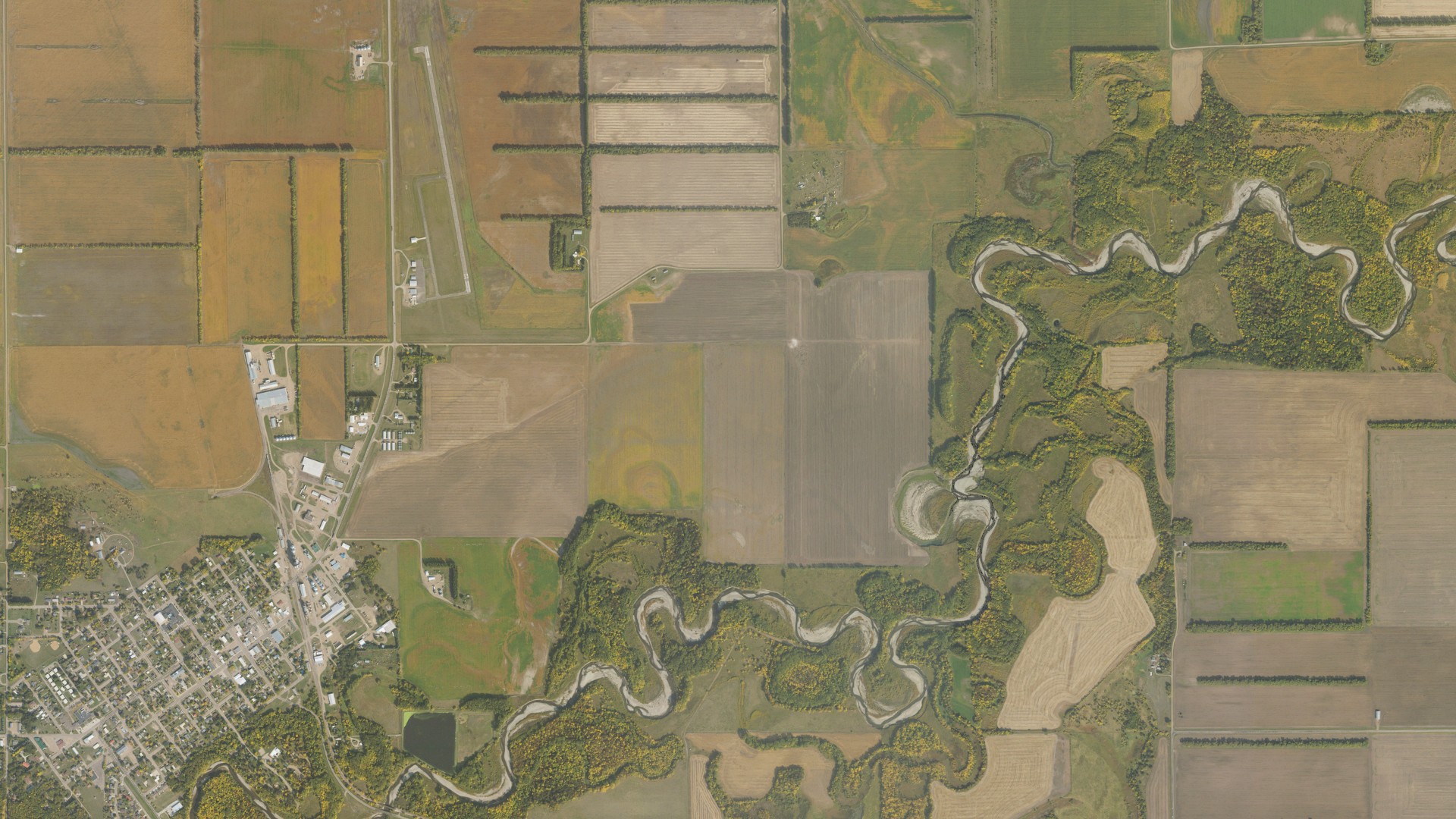 Natural-color aerial photograph of land around Walhalla, North Dakota