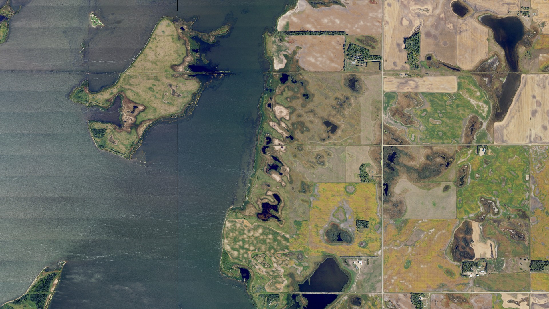Aerial view of land around Pelican, North Dakota