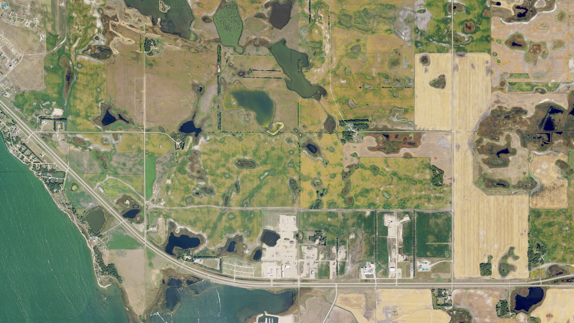 Natural-color aerial photograph of land around South Minnewaukan, North Dakota