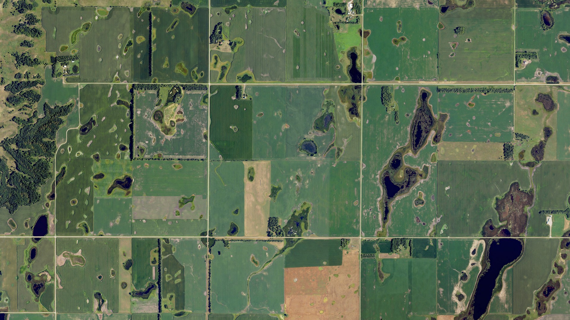 Natural-color aerial photograph of land around Preston, North Dakota