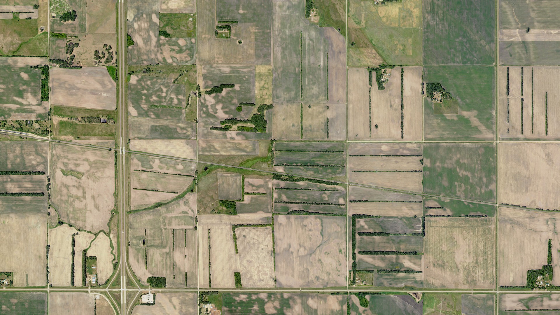 Natural-color aerial photograph of land around Waldo, North Dakota